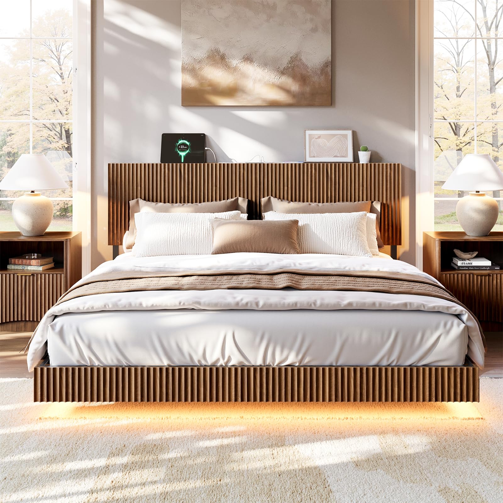 Floating Bed Frame with LED Lights & Charging Station