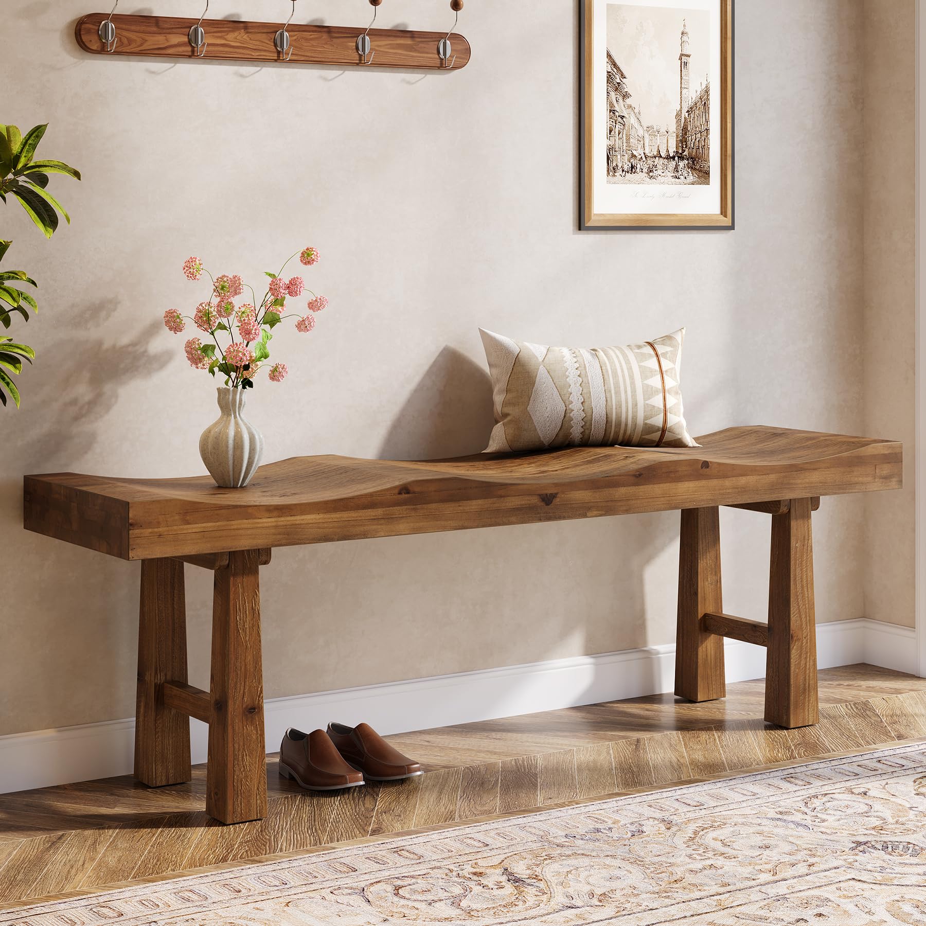 Solid Wood Entryway Bench with Wave-Top Design, 55"