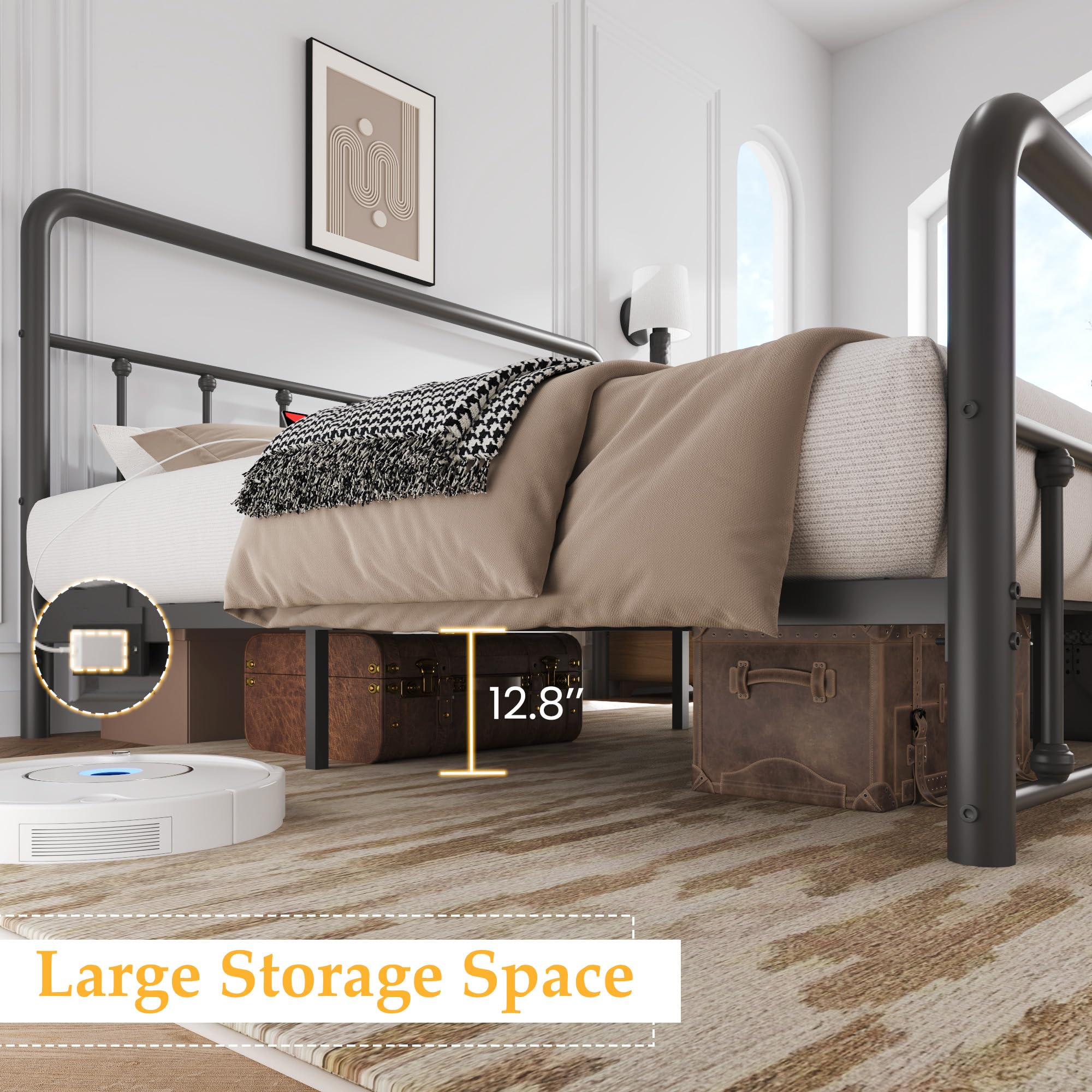 Queen Bed Frame with LED Headboard & Charging Station