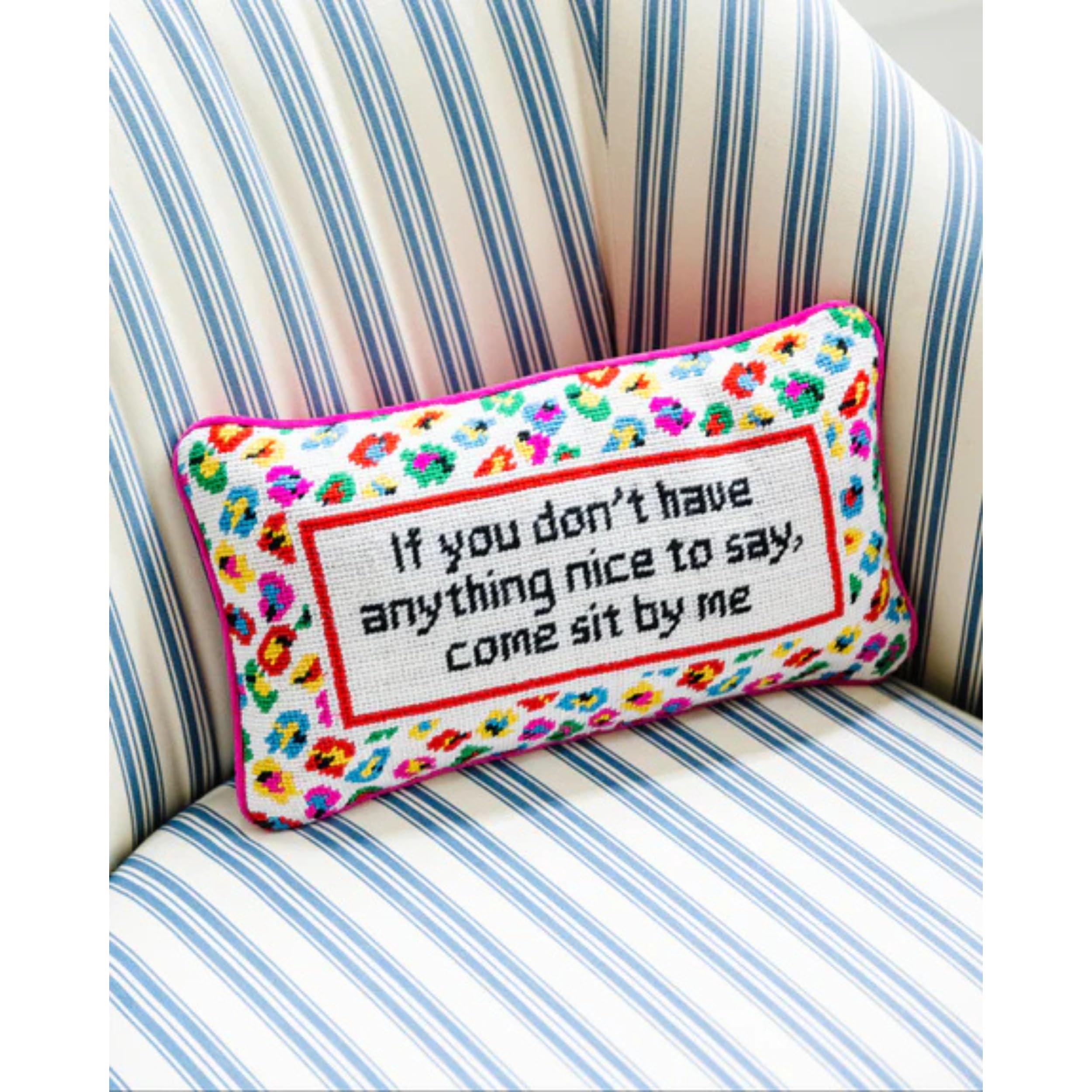 FURBISH Needlepoint Decorative Throw Pillow - Come Sit by Me - 9" x 15" - Small Embroidered Accent Pillow for Bed, Chair, Couch, Sofa - Eclectic Home Decor