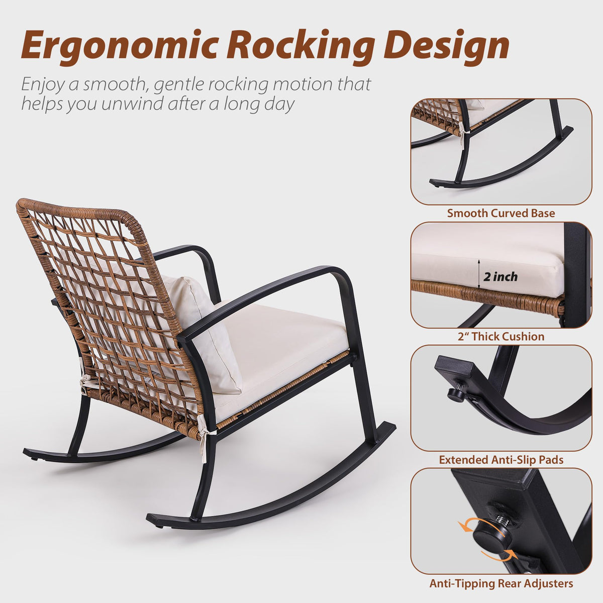 Mugovelo 3 Piece Patio Bistro Set with Cushion, 2 Rocking Chairs with Table
