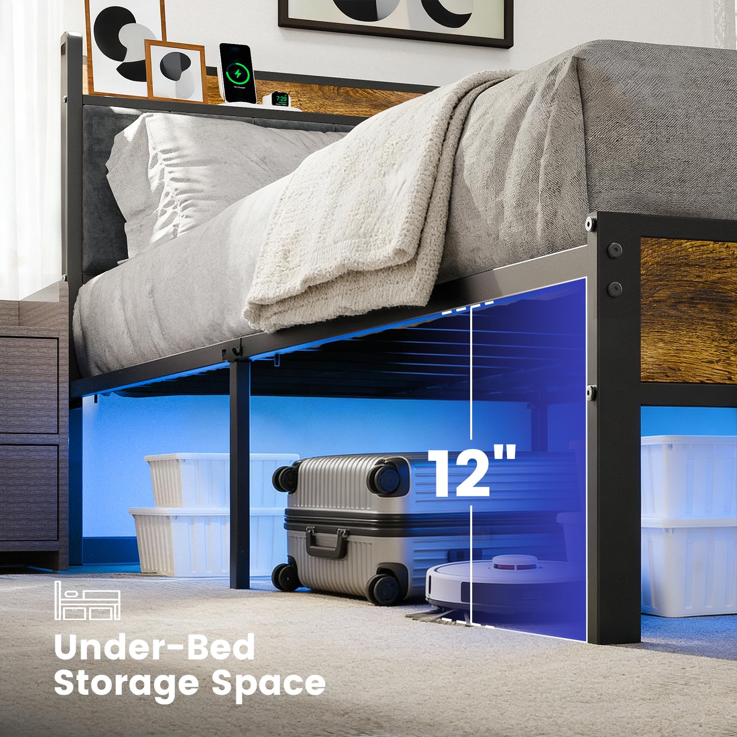 PROTEA Queen Size Bed Frame with LED Lights and Charging Station, Upholstered Storage Headboard, Heavy Duty Metal Platform with Slats, Noise Free, No Box Spring Needed, Easy Assembly