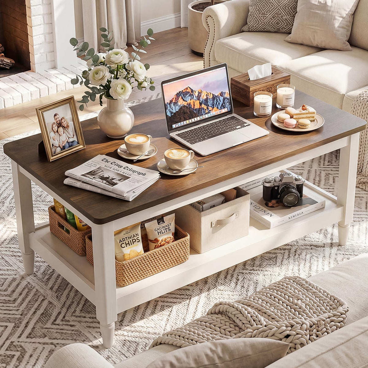 Foxemart 40" Farmhouse Coffee Table, Rustic White