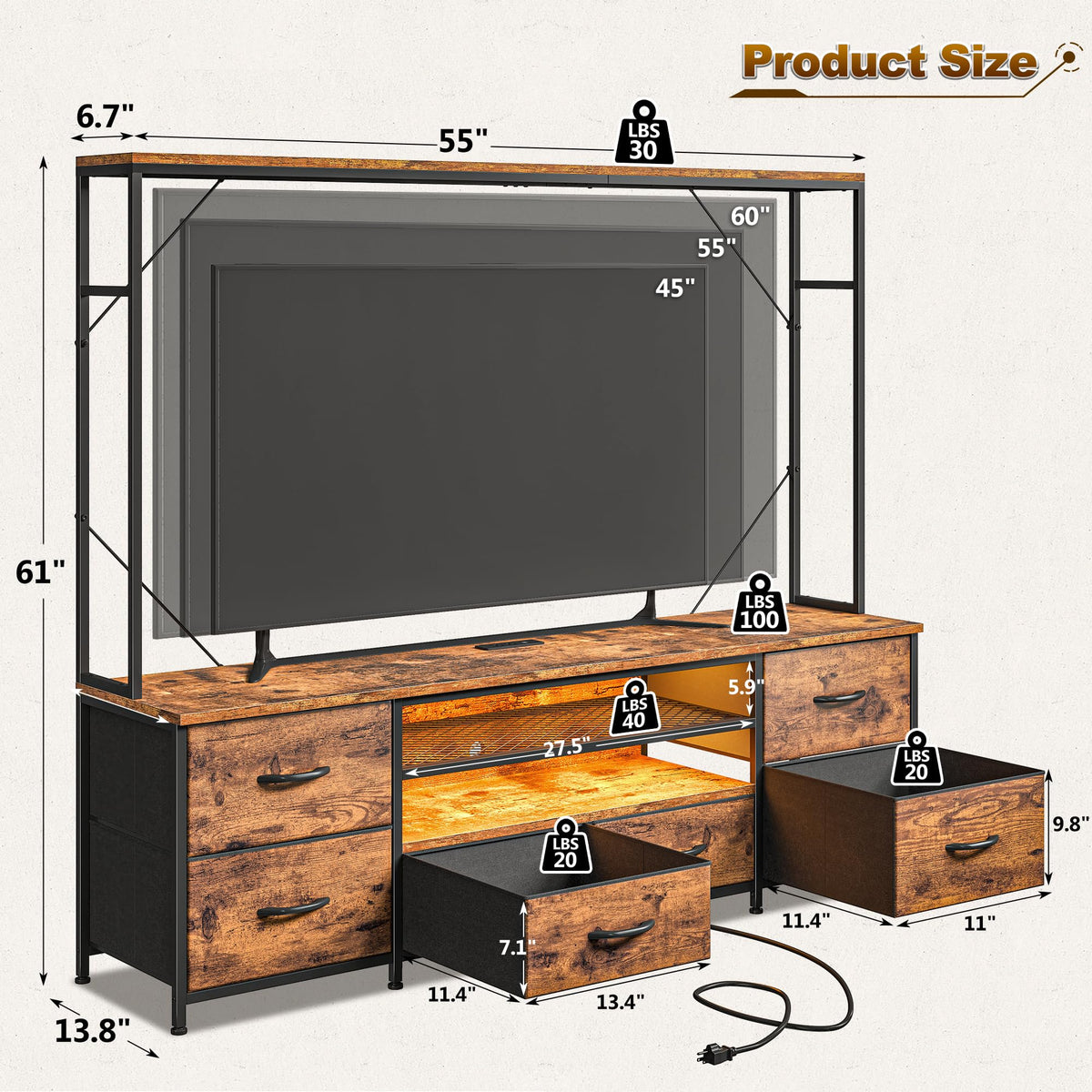 TV Stand with Drawers and LED Lights