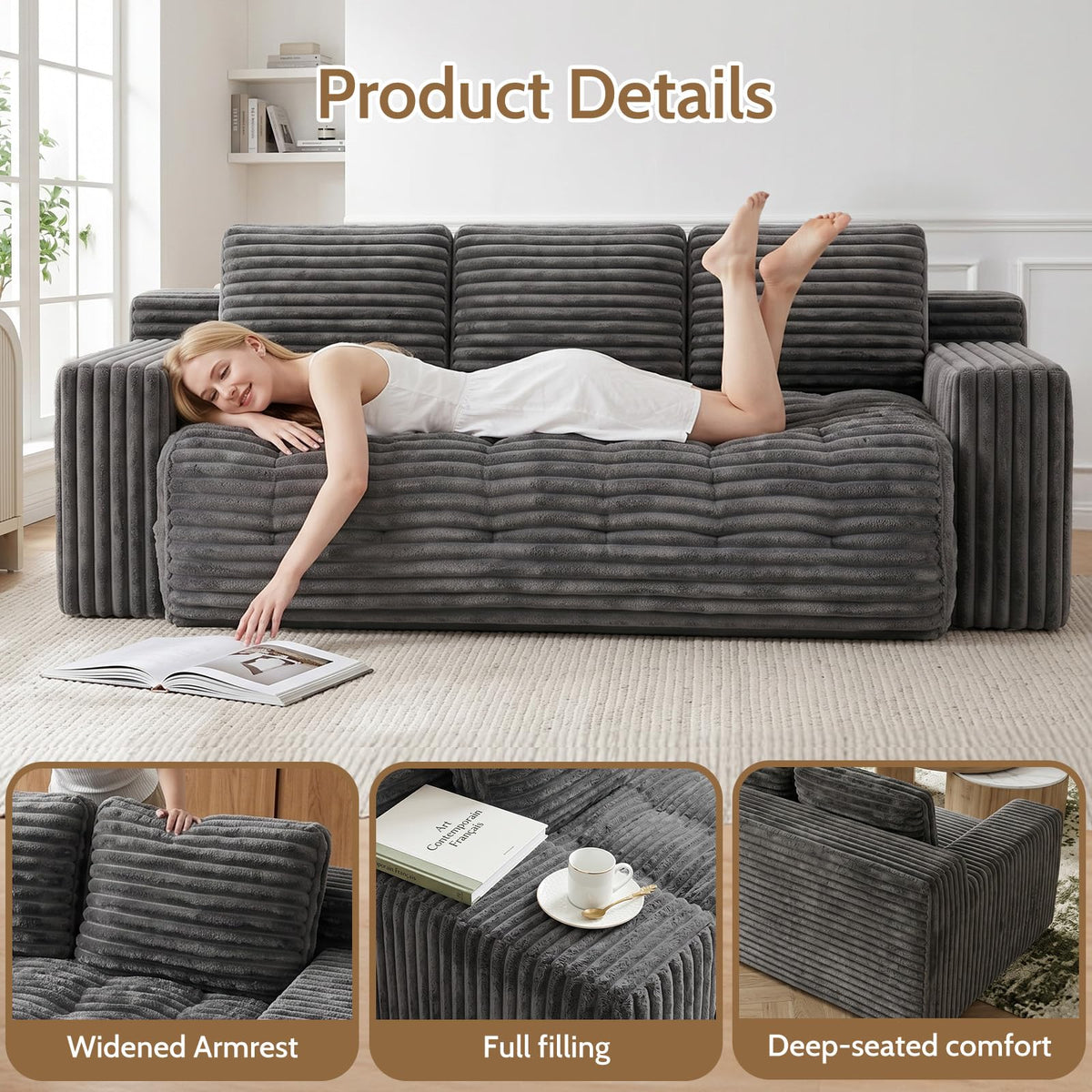 Tykacna 70” Boneless Couch, 3 Seater Sofa Couch with Extra Deep Seats 3 Pillows,Corduroy Modern Small Couch for Living Room, Office, Bedroom, Apartment,Grey