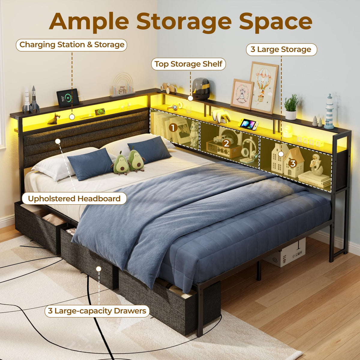 Full Corner Storage Bed with LED Lights