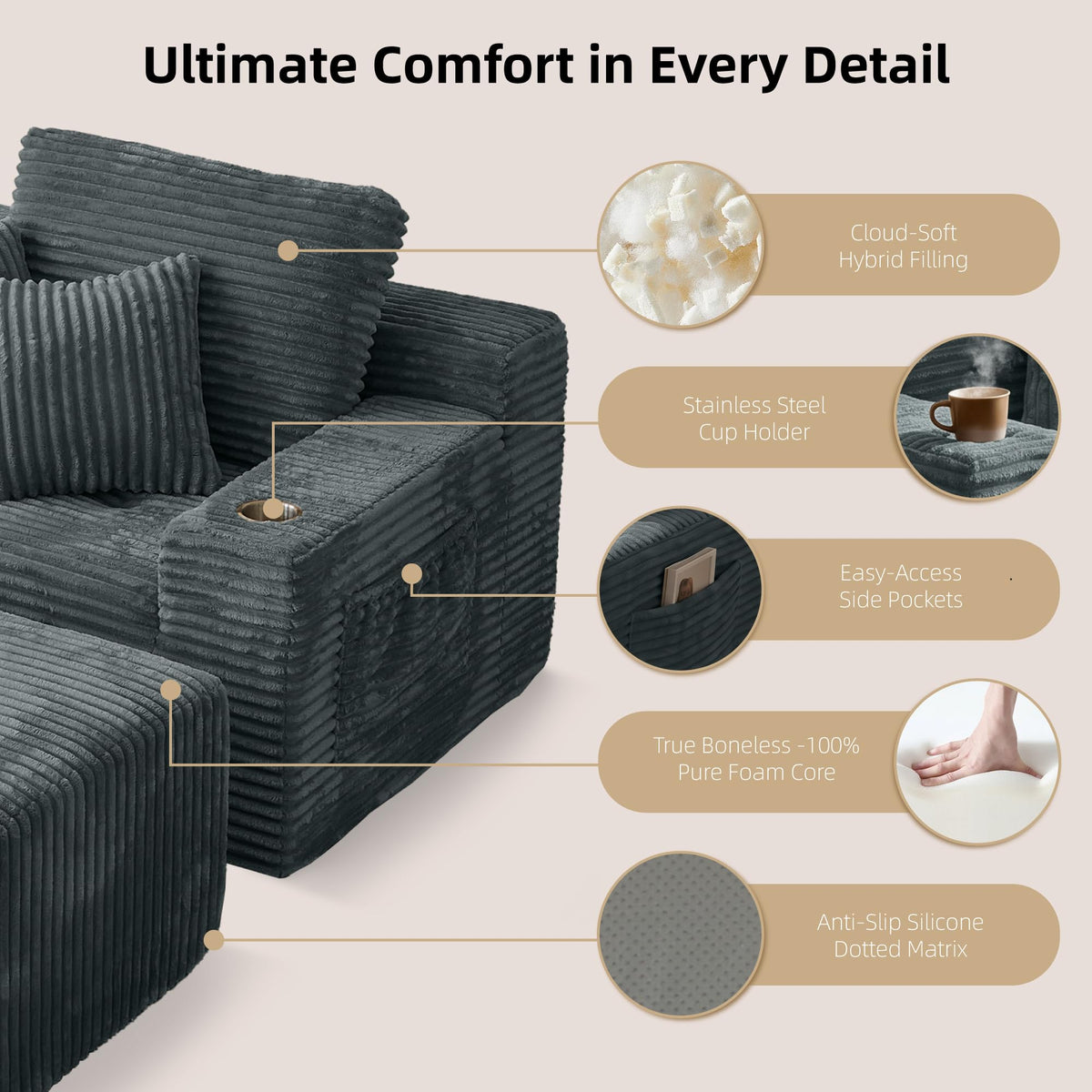 Corduroy Chaise Lounge with Ottoman