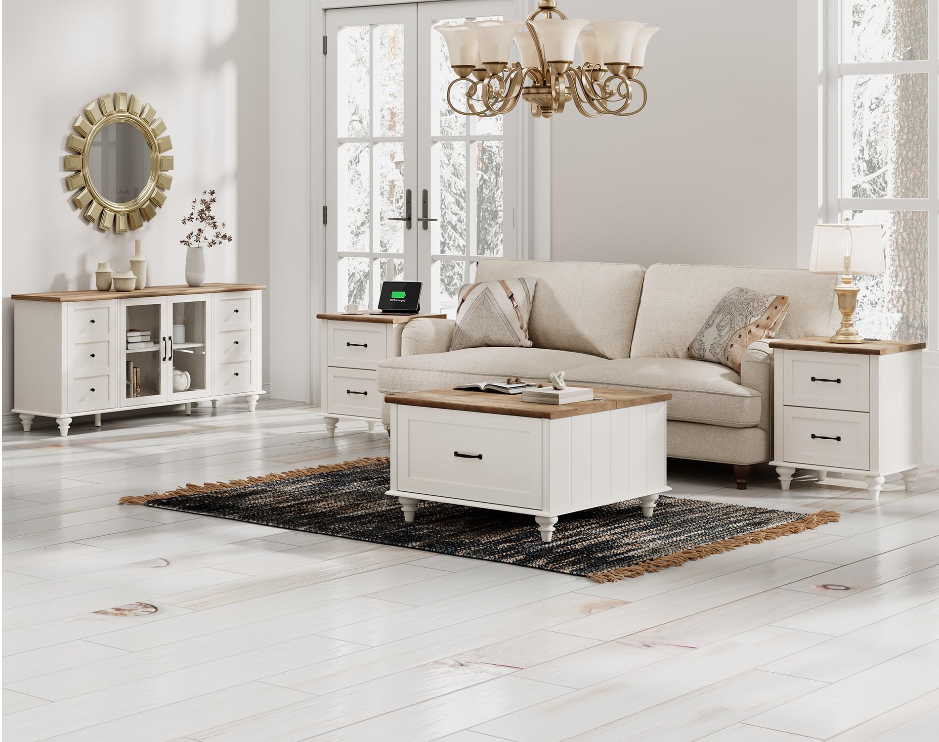 WAMPAT Farmhouse Coffee Table with Storage, Set of 2 Square Coffee Table with Lift Top & Drawers for Living Room, Wooden Center Table for Home & Office, White