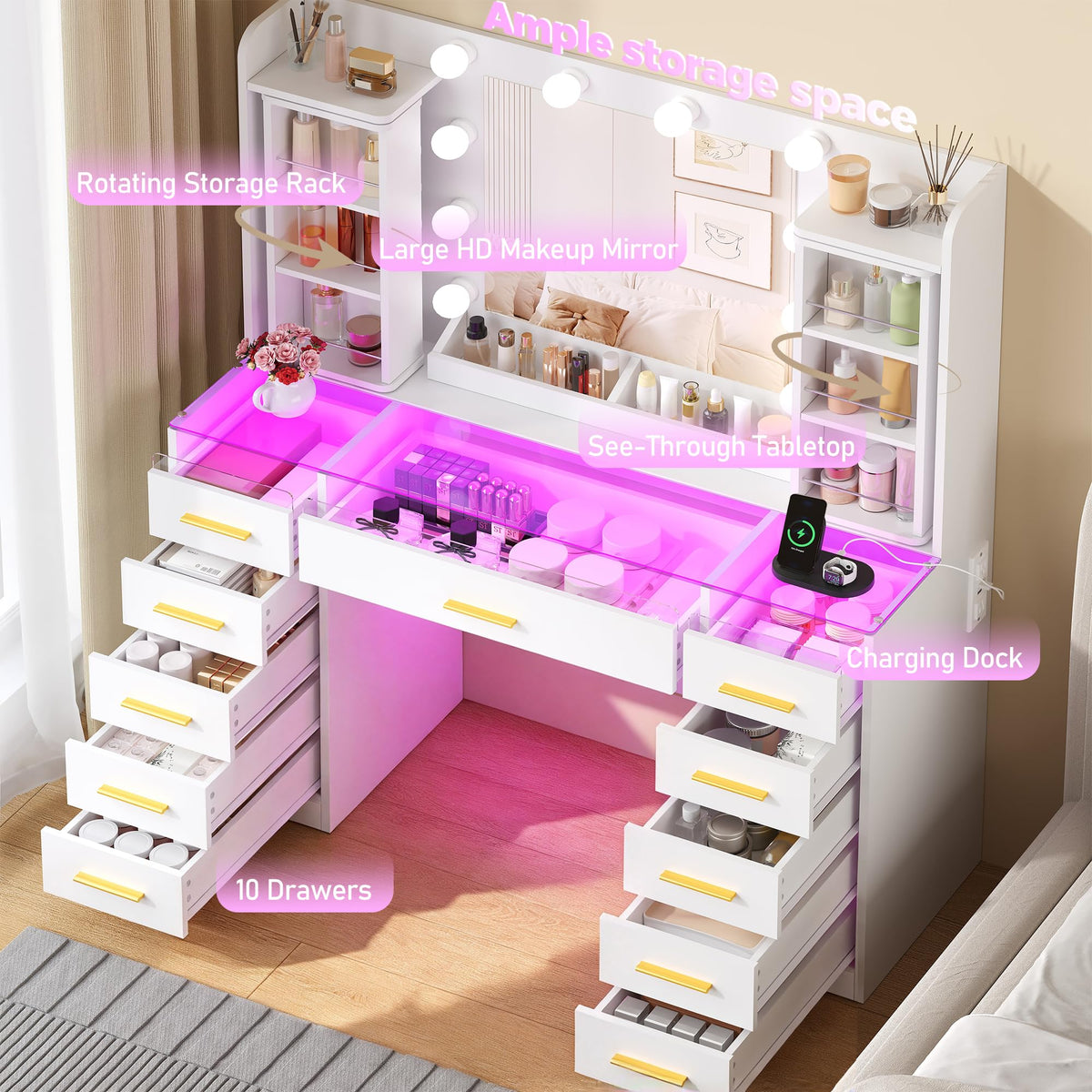 YUNSCEND Makeup Vanity Desk with Mirror and Lights, 360° Rotating Organizer