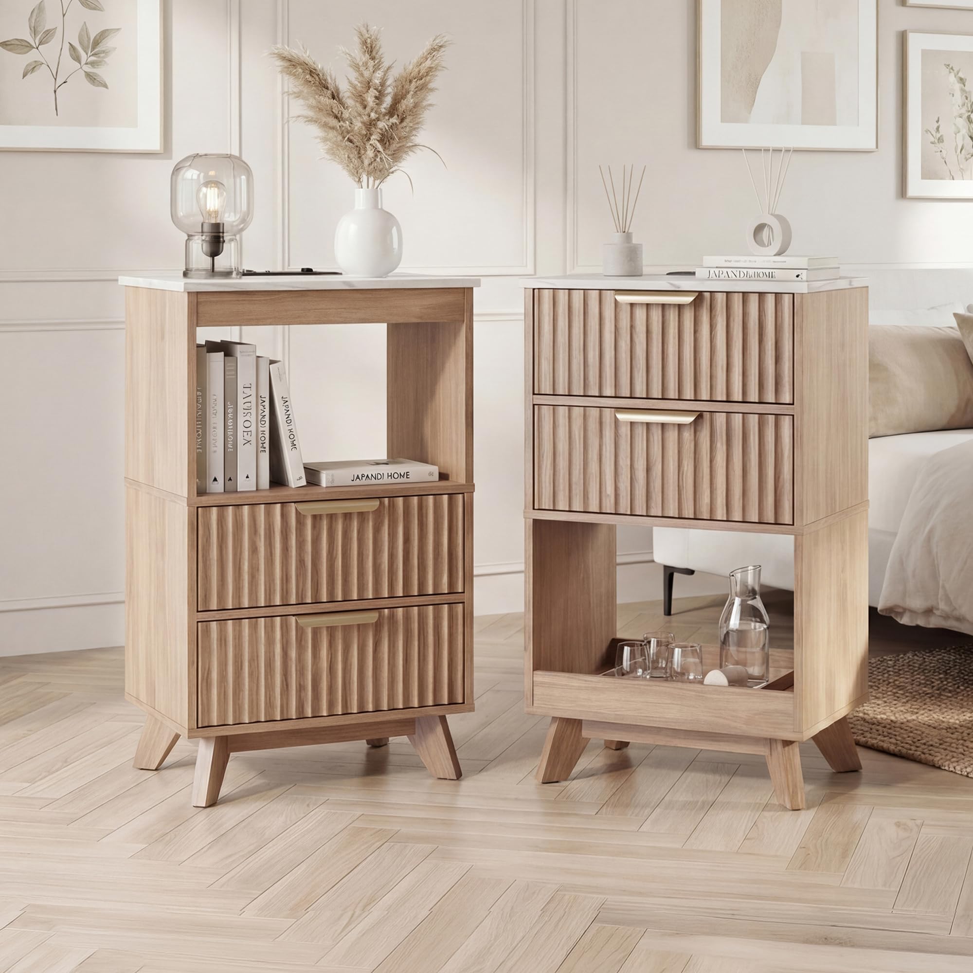 Fluted Tall Nightstand Set of 2 with Charging Station & Storage Drawers