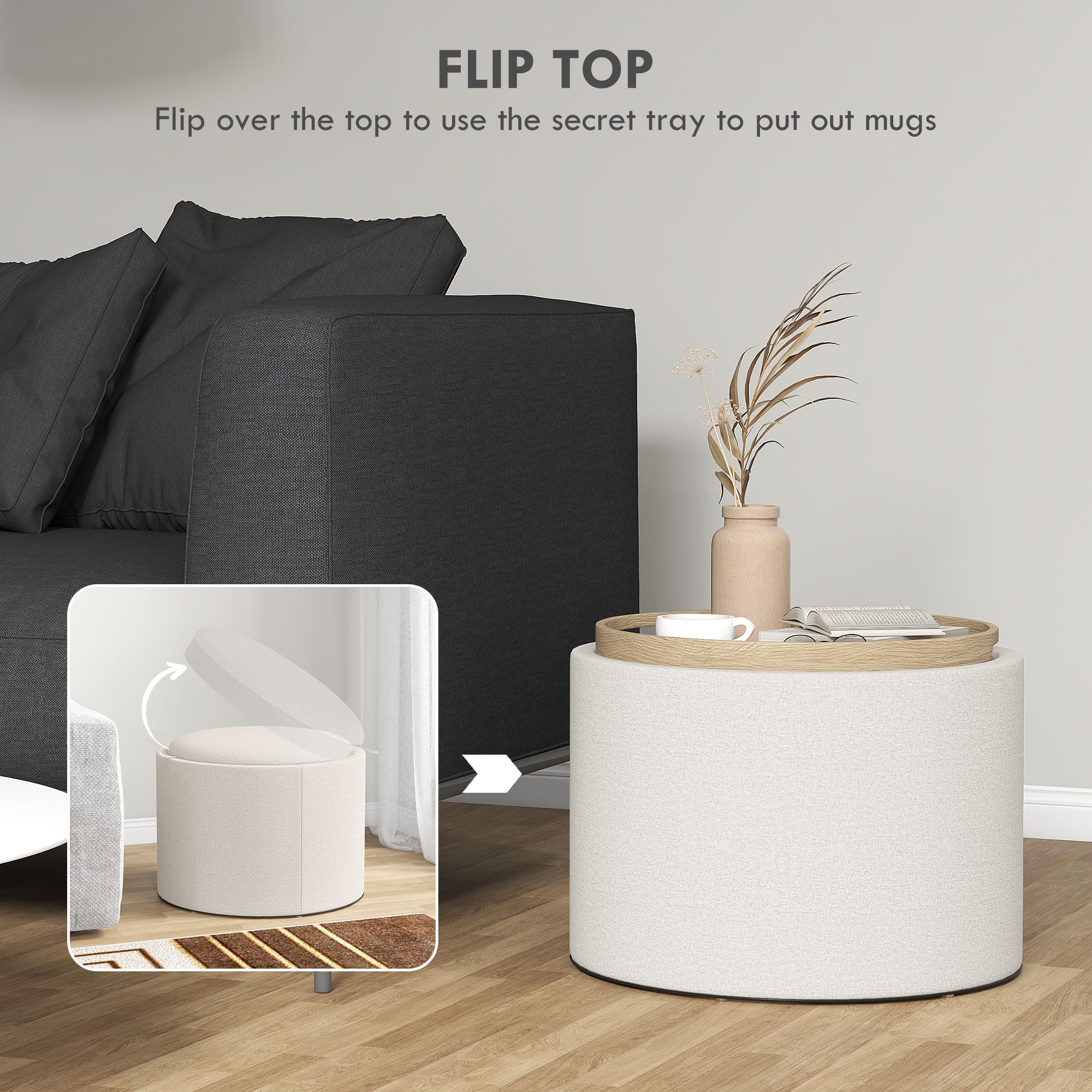 Round Storage Ottoman with Flip-Top Tray
