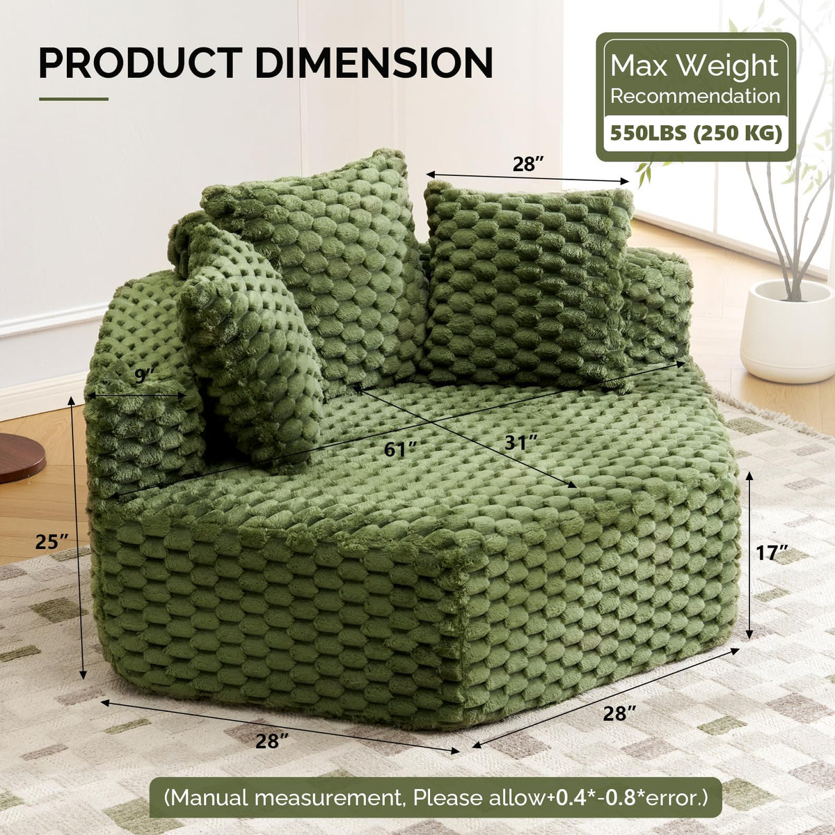 VINGLI Hexagon Boneless Chair, Modern Modular Chaise Lounge Sofa Bed, Corner Chair with Pillows, Plush Corduroy Upholstered Lazy Sofa for Living Room, Bedroom, Apartment, No Assembly Required