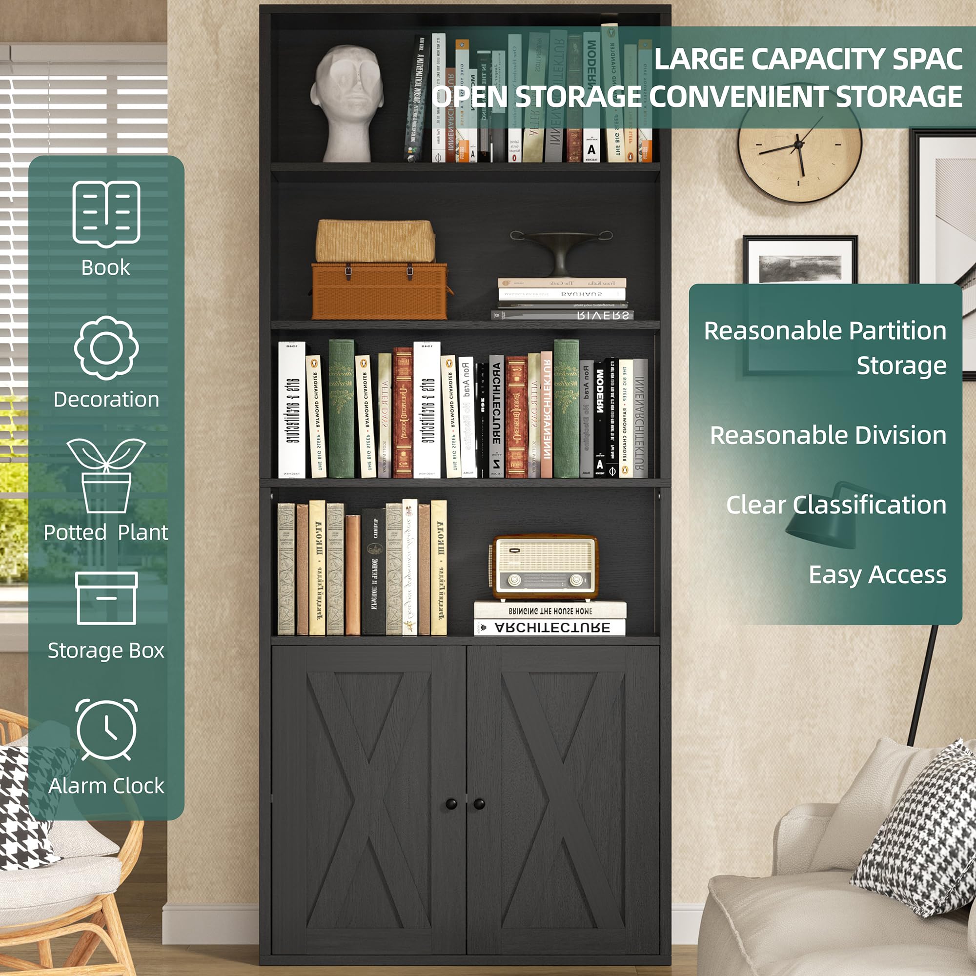 6-Tier Industrial Bookcase with Doors – 70.9" Tall Floor Standing Bookshelf