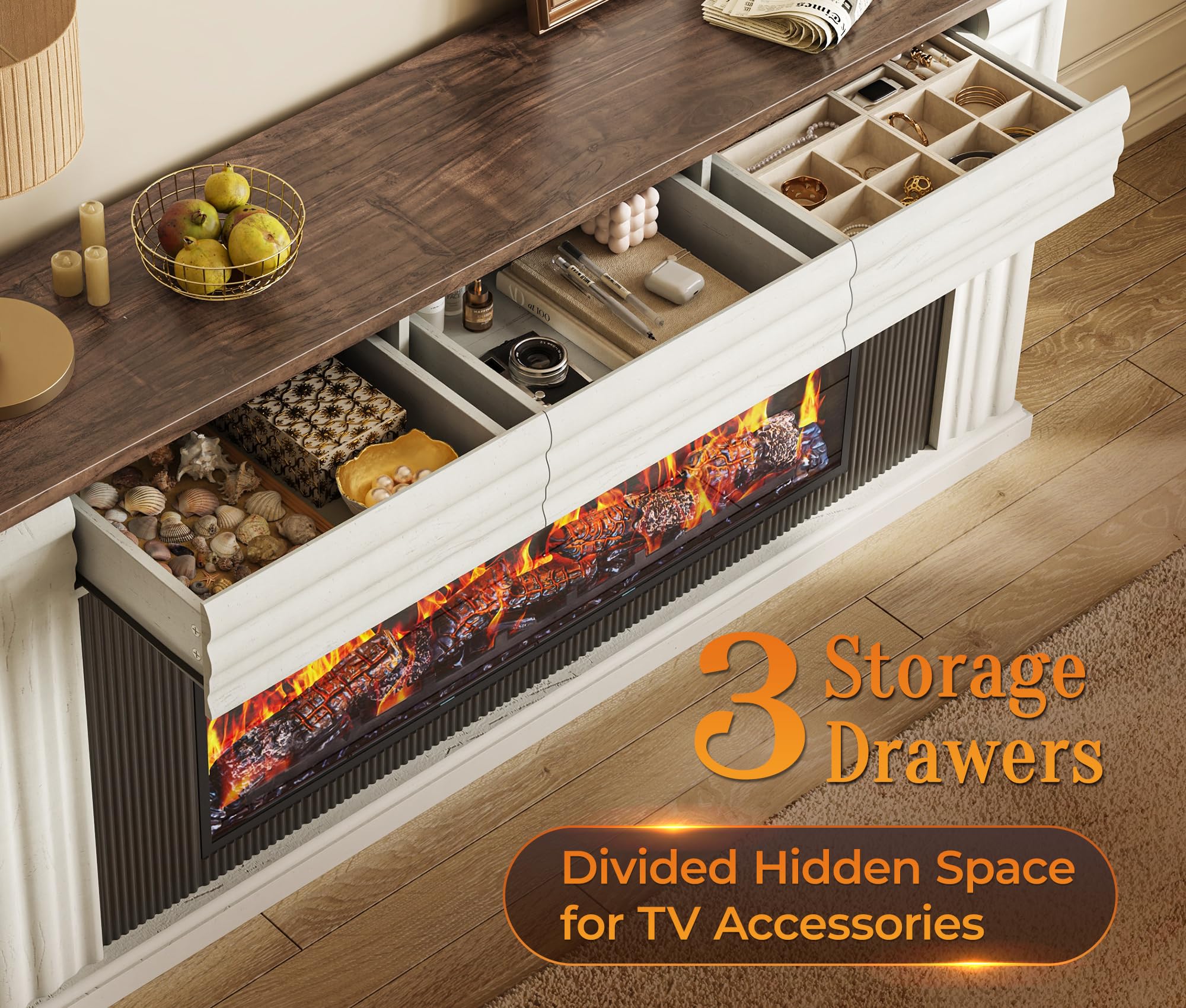 70" Farmhouse TV Stand with 42" Electric Fireplace & 3 Drawers