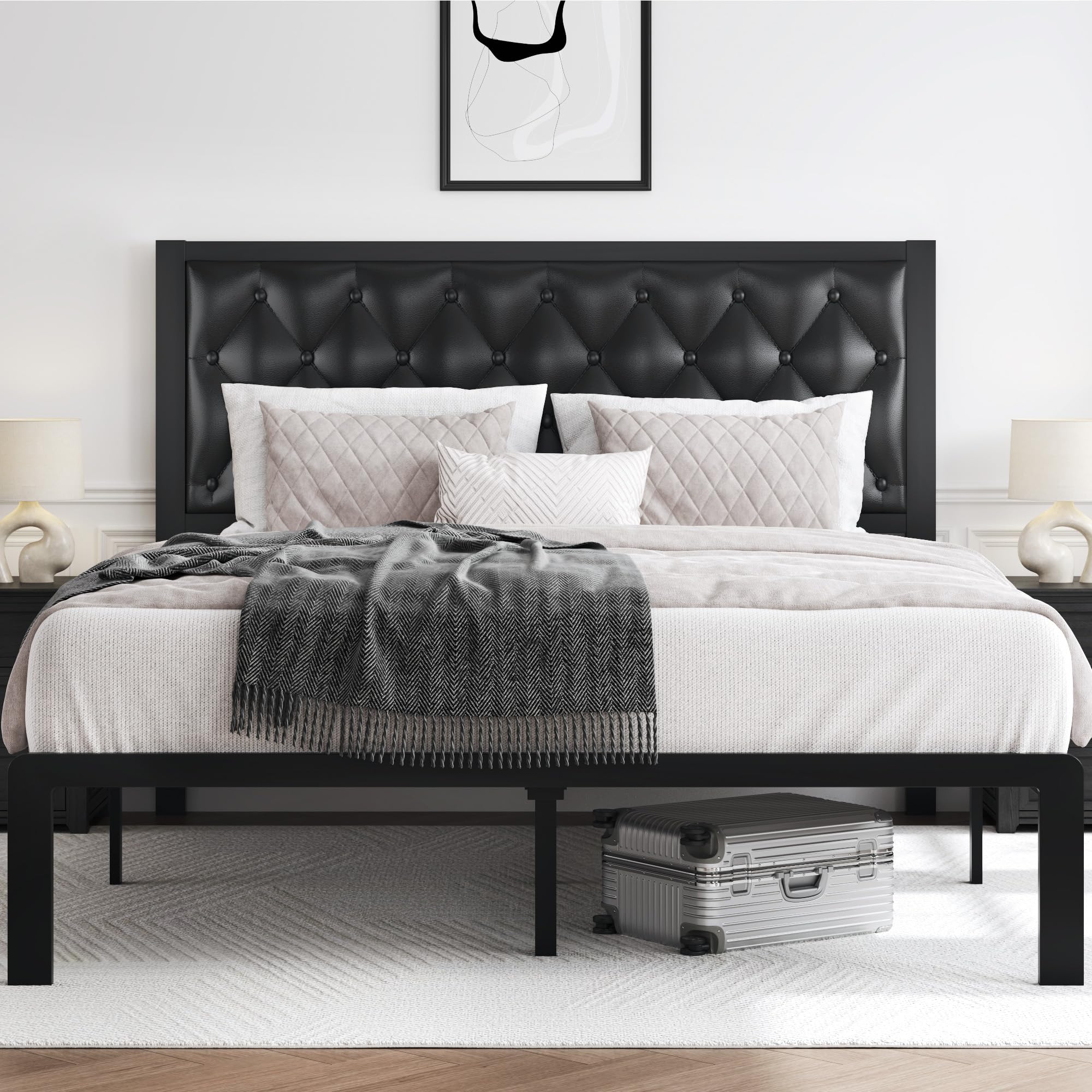 HISOFT Queen Bed Frame with Upholstered Button Tufted Headboard, Bed Frame Platform Metal Slats Support, Under Bed Storage, No Box Spring Needed, Noise-Free, Easy Assembly, Black