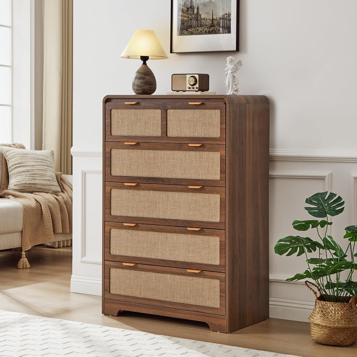 RUSTYER 43" Tall 5 Drawer Dresser for Bedroom, Modern Wood Dresser, Walnut