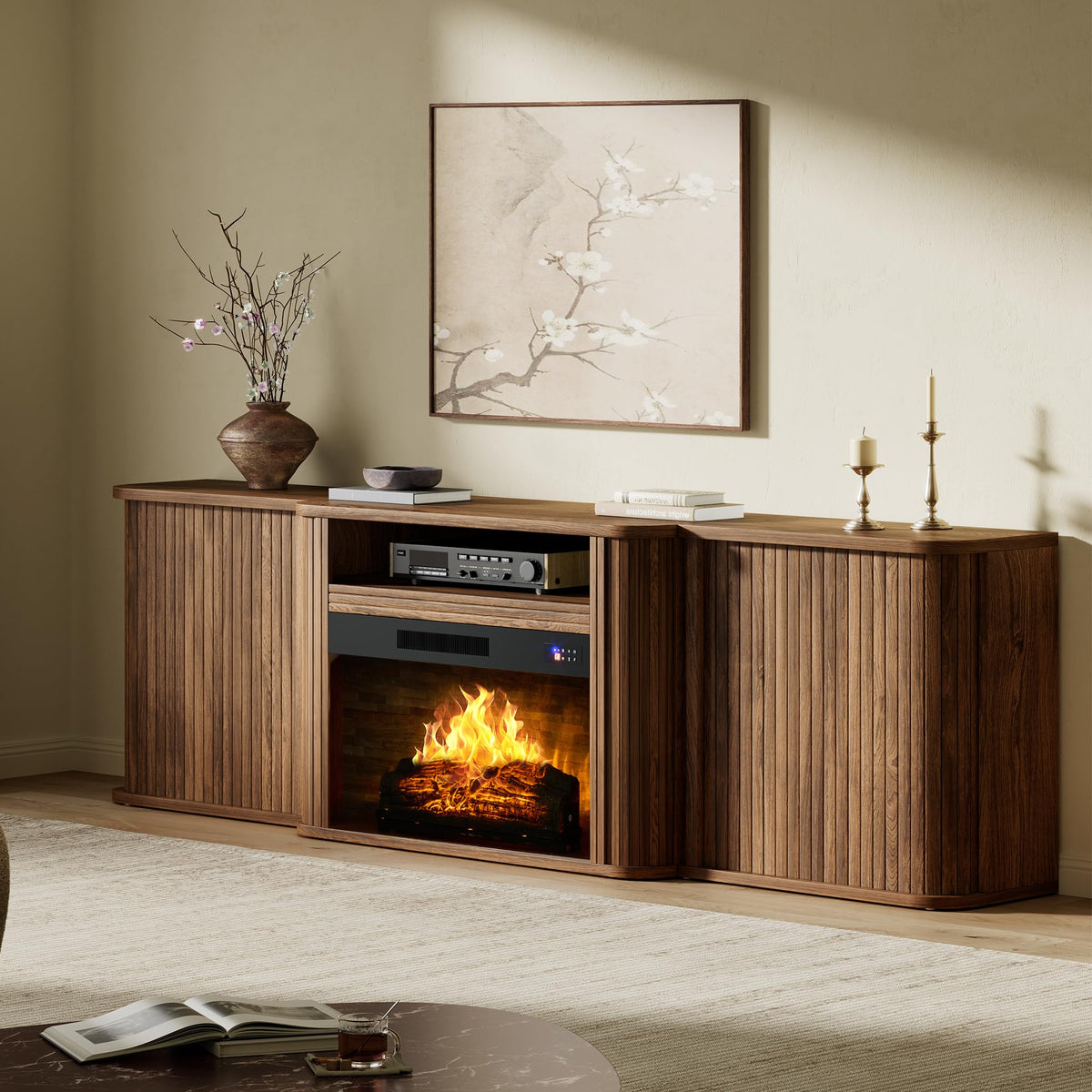 AMERLIFE 70" Fluted Electric Fireplace TV Stand, Mid Century Modern, Walnut