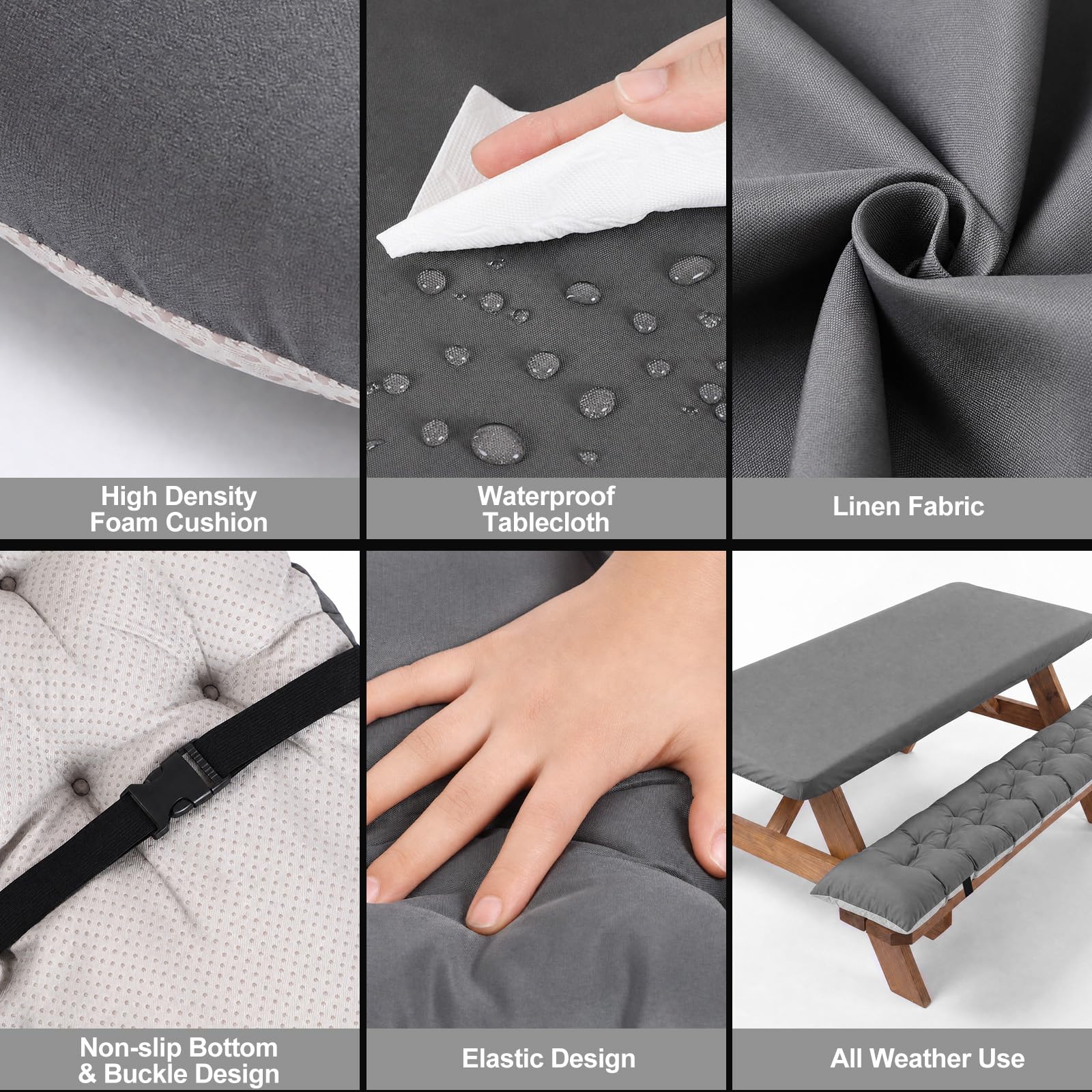 3 Pcs Picnic Bench Cushions with Table Cover Set Outdoor Waterproof Picnic Table Seat Cushion with Straps Buckles 72x10x3 in Elastic Fitted Tablecloths 6ft Rectangle Folding Easy to Carry(Dark Gray)