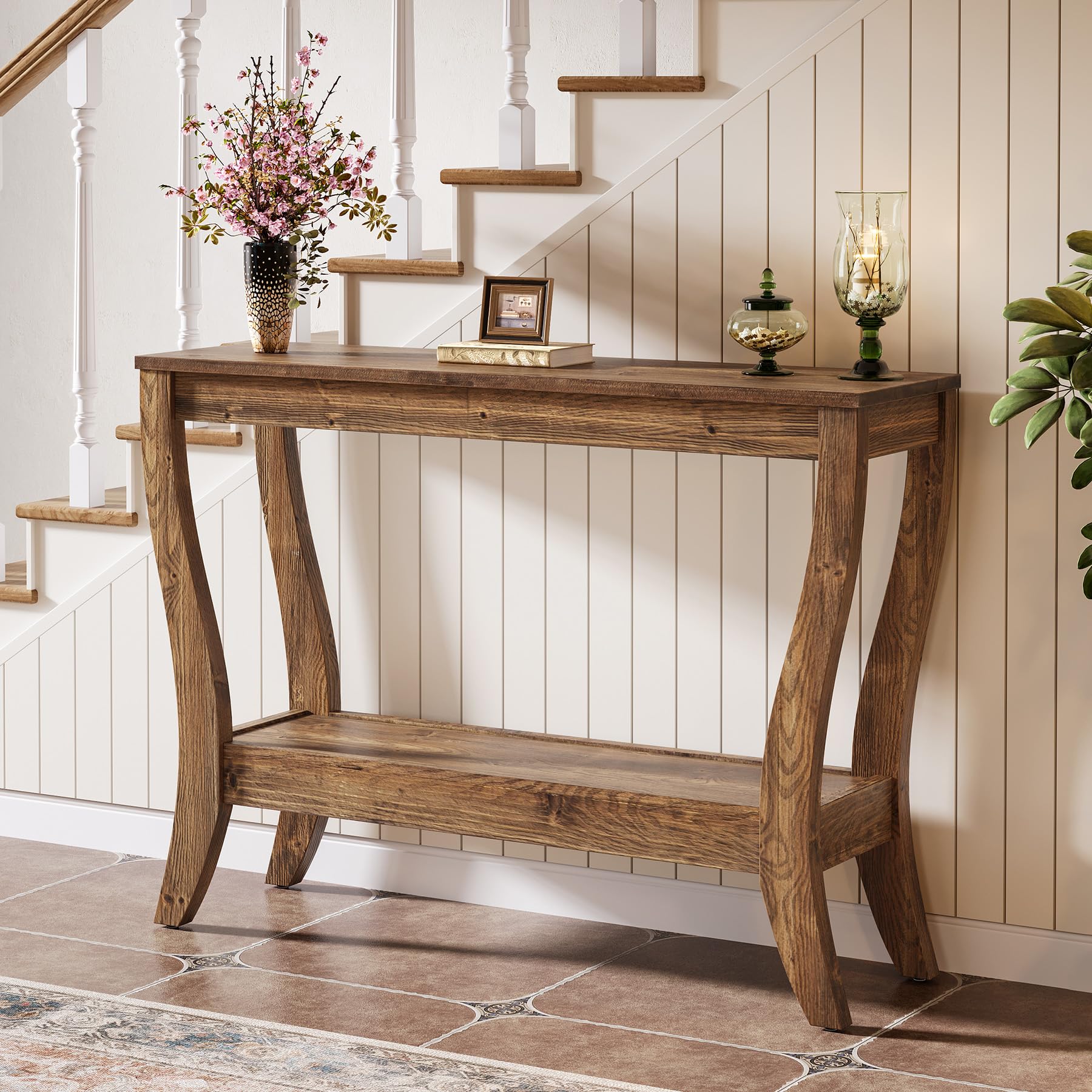 2-Tier Solid Wood Console Table with Shelf