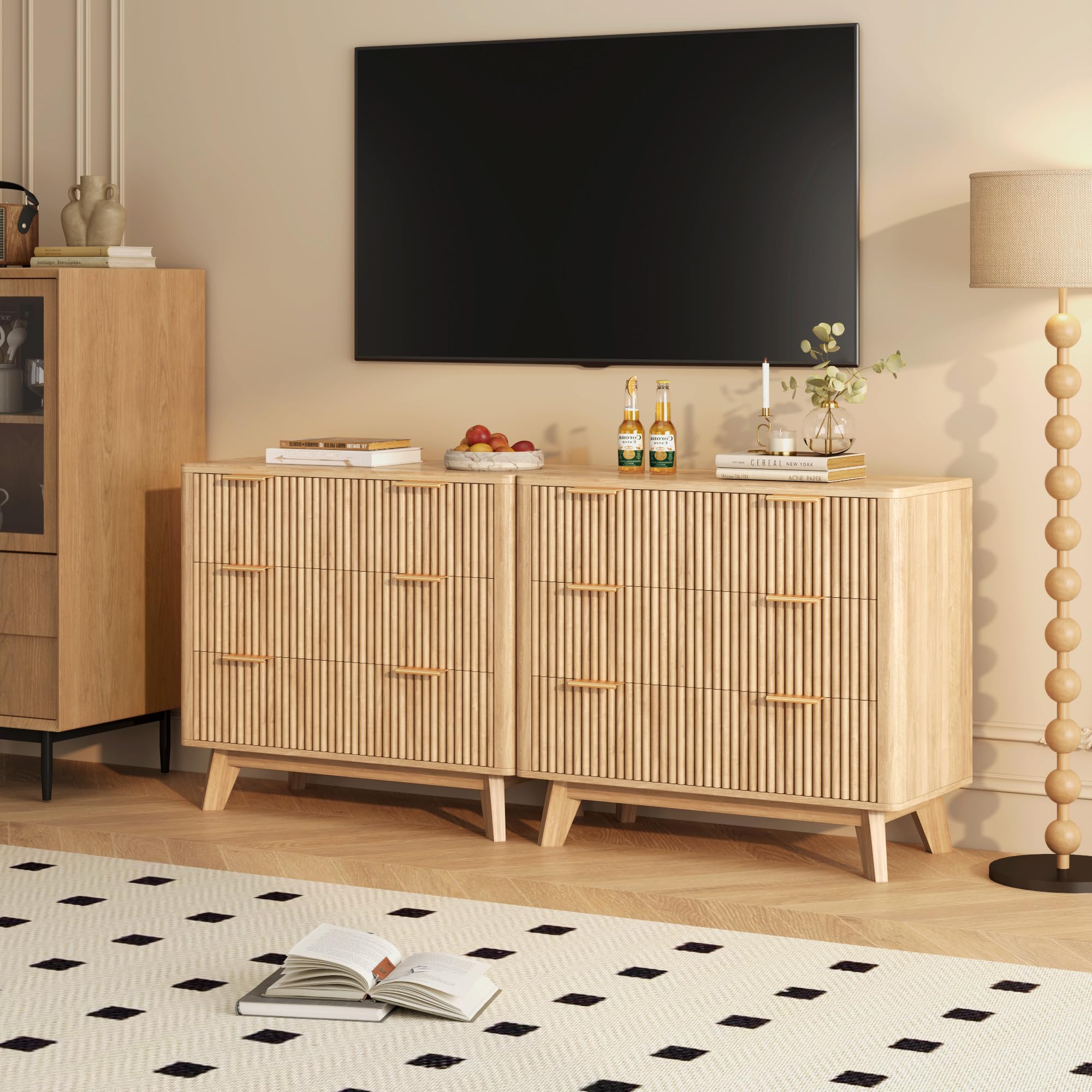 32" Fluted Nightstand with Fast Charging Station & 3 Drawers