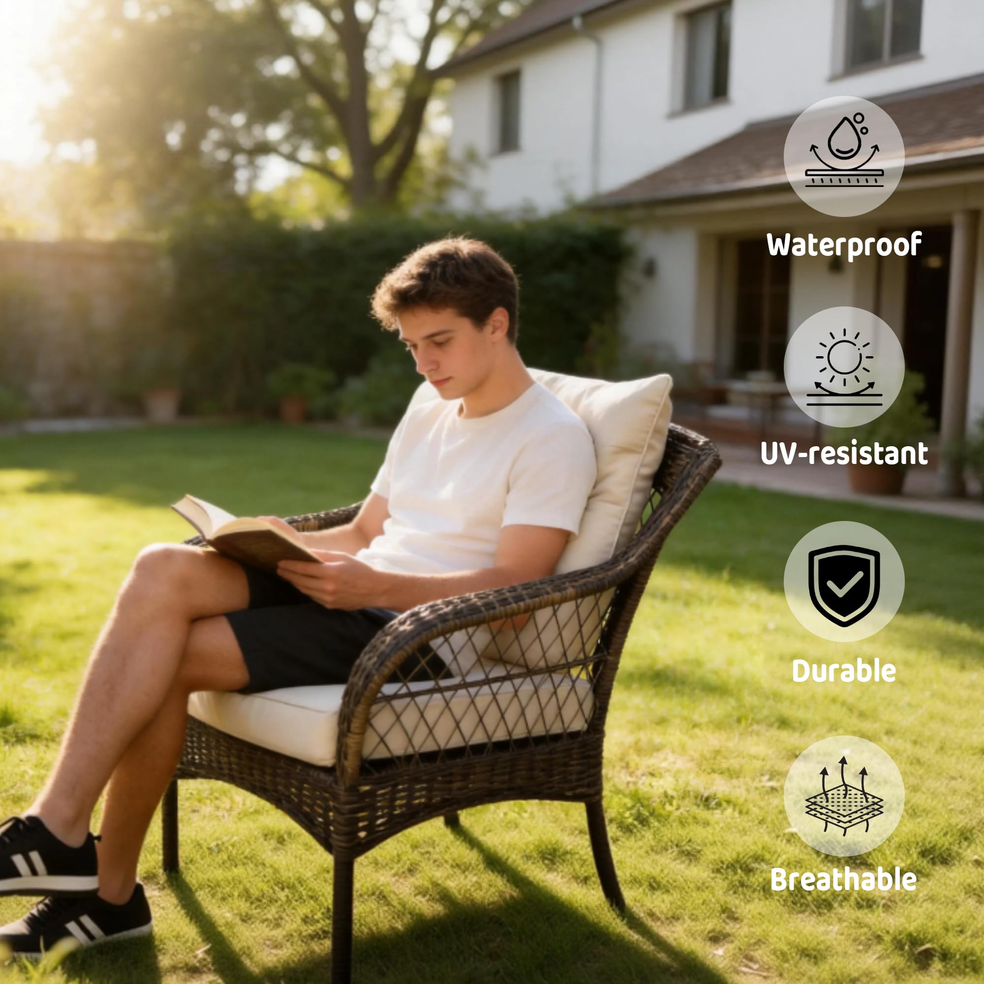 3 Piece Outdoor Wicker Patio Furniture Set, Rattan Conversation Bistro Set with 2 Arm Chairs & Tempered Side Table, All-Weather PE Rattan Chairs with Cushions for Backyard, Balcony, Garden, Beige