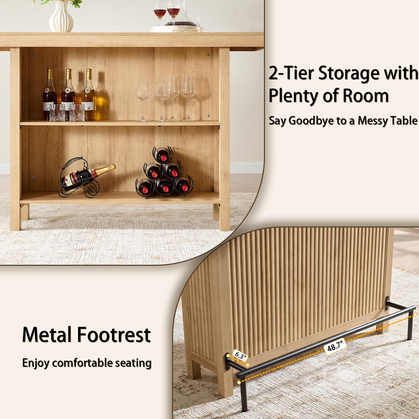 Okvnbjk 63-Inch 2-Tier Bar Table with Footrest, Coffee Bar Cabinet, Large Counter Height Pub Table Storage Shelf Home Bar Unit for Kitchen, Bistro, Dining Room, Living Room (Oak)