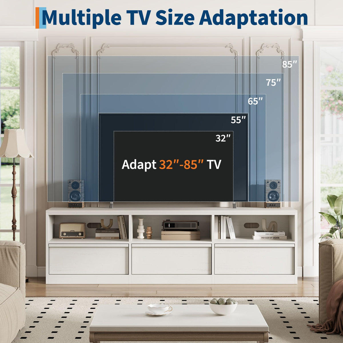 70 Inch TV Stand, Mid-Century Modern Entertainment Center with 3 Drawers & Open Shelves - Heavy Duty Media Console for 65/75 Inch TVs, Gray Living Room TV Cabinet, White