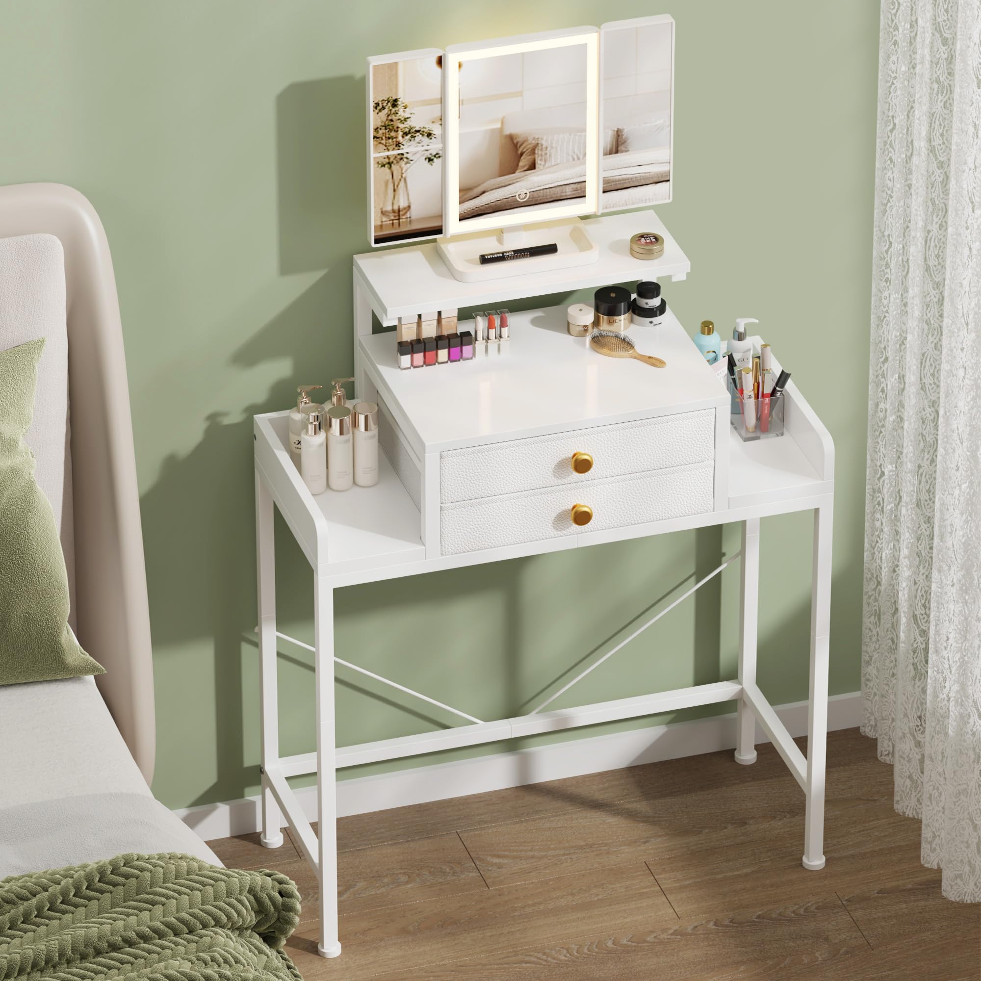 HIGDBFE Vanity Desk with Mirror and Lights, 28.4''W Small Makeup Vanity Table with Height-Adjustable Stand, 2 Fabric Drawers Compact Makeup Desk, Gift for Girls, Bedroom Small Space, White