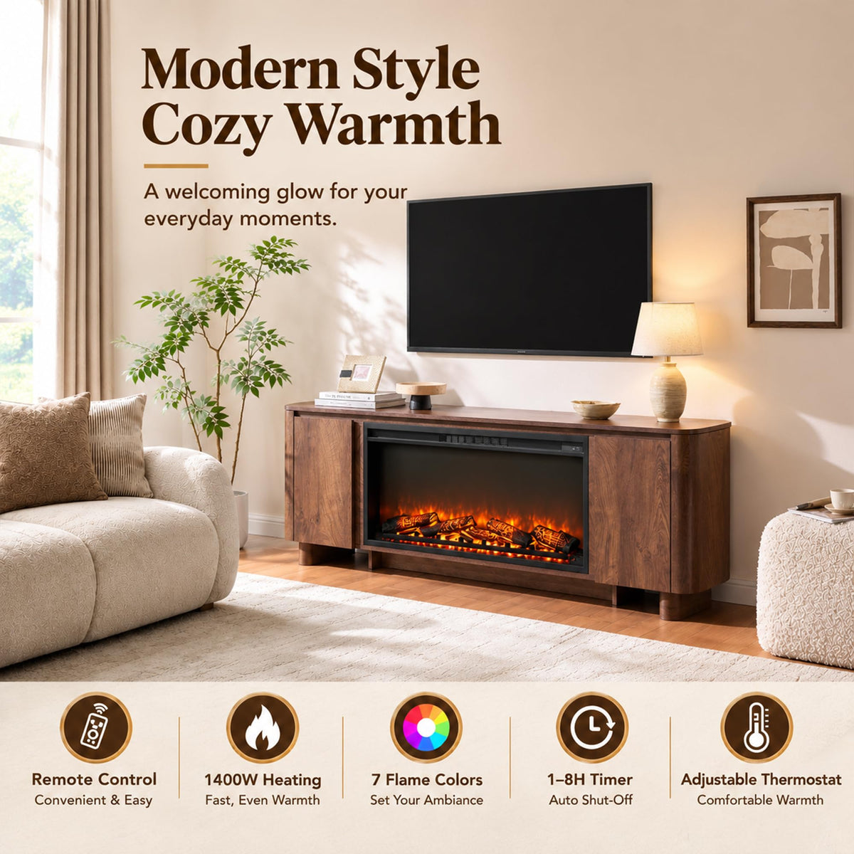 70" Fireplace Tv Stand for 80" TV with 36" Electric Fireplace,Storage