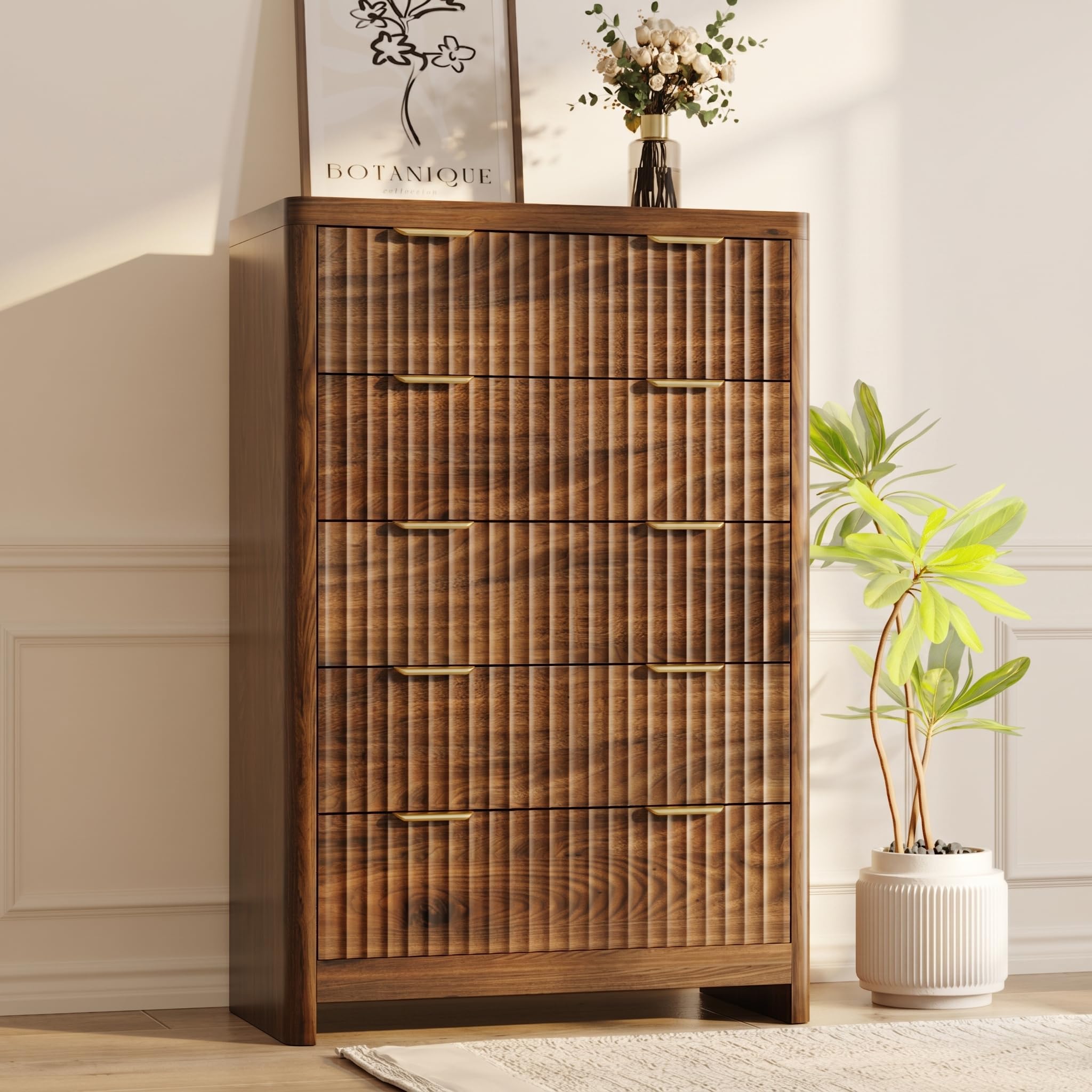 Varello Walnut Dresser for Bedroom with 5 Deep Drawers, 47" Tall Fluted Chest of Drawers with Storage & Round Corner, Mid Century Modern Closet Clothes Dresser, Wooden Storage Cabinet for Living Room
