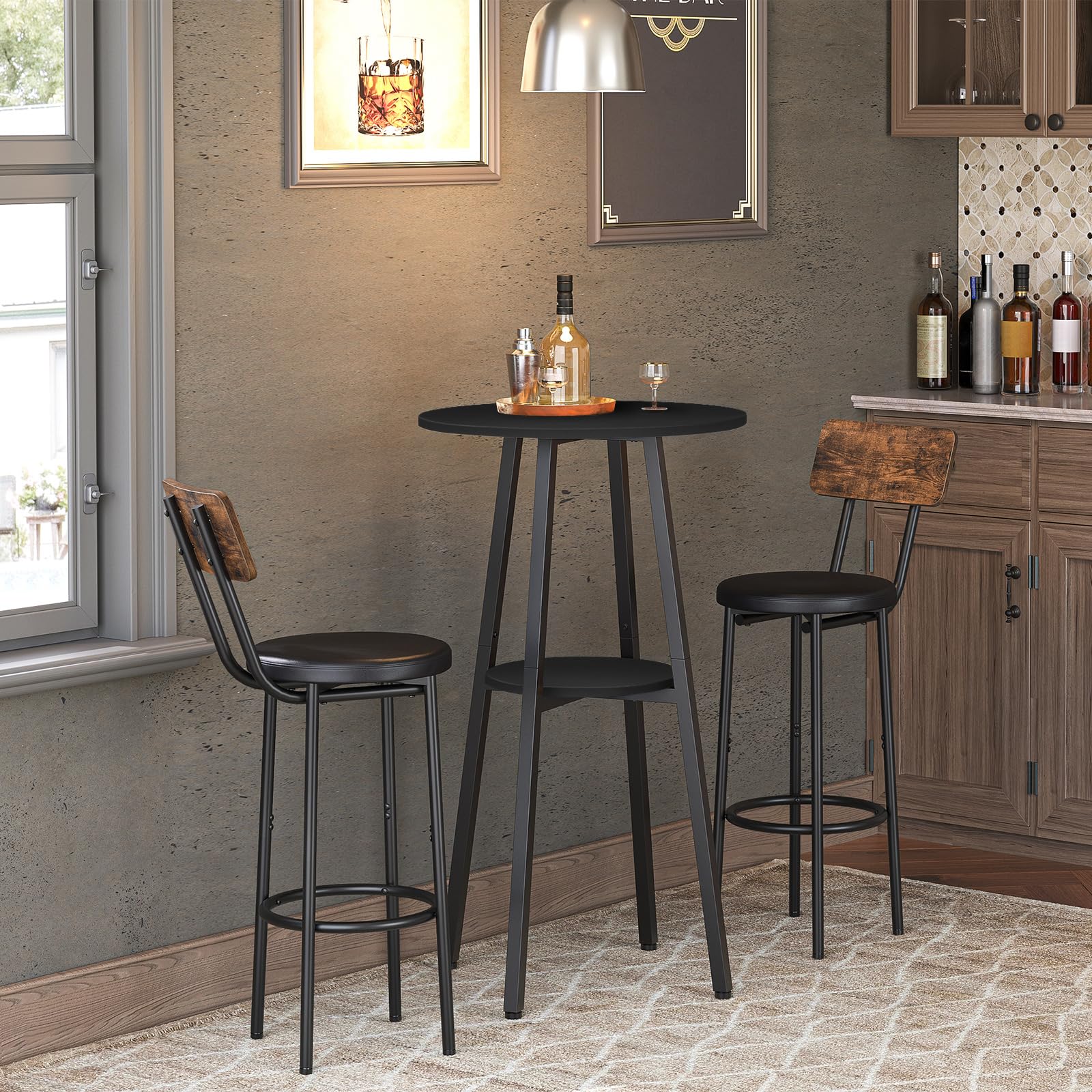 HOOBRO Bar Table, Round Pub Table, 2-Tier Bistro Table with Storage, 37.4" High for Small Spaces, with Top Particleboard for Kitchen, Easy to Assemble, Black BB55BT01