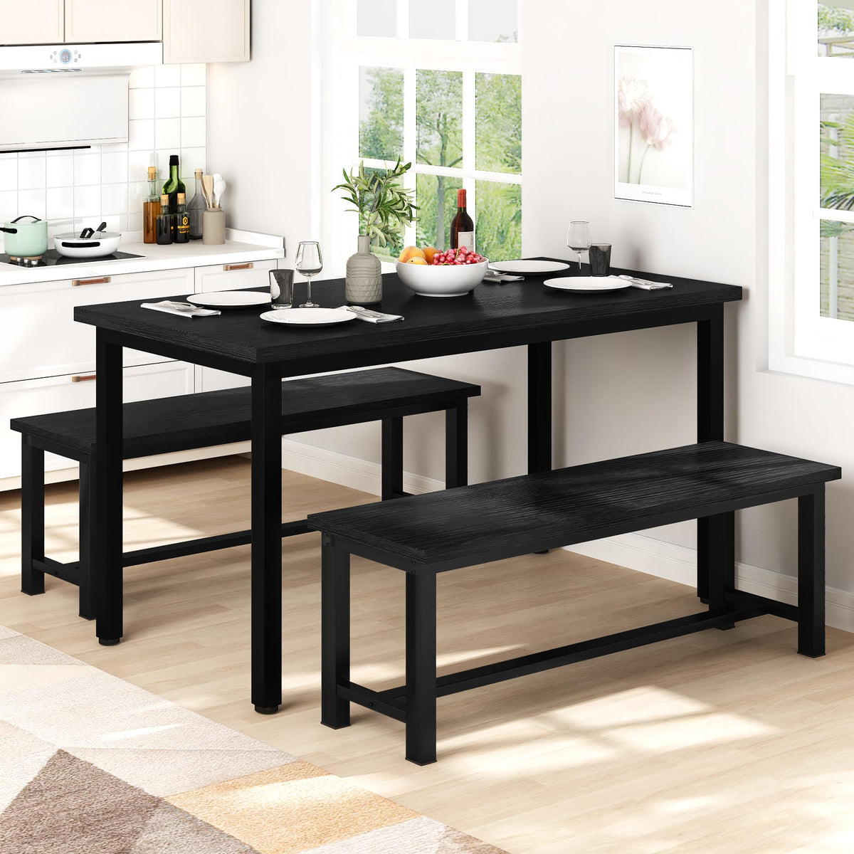 Rustic Black Dining Benches, Set of 2