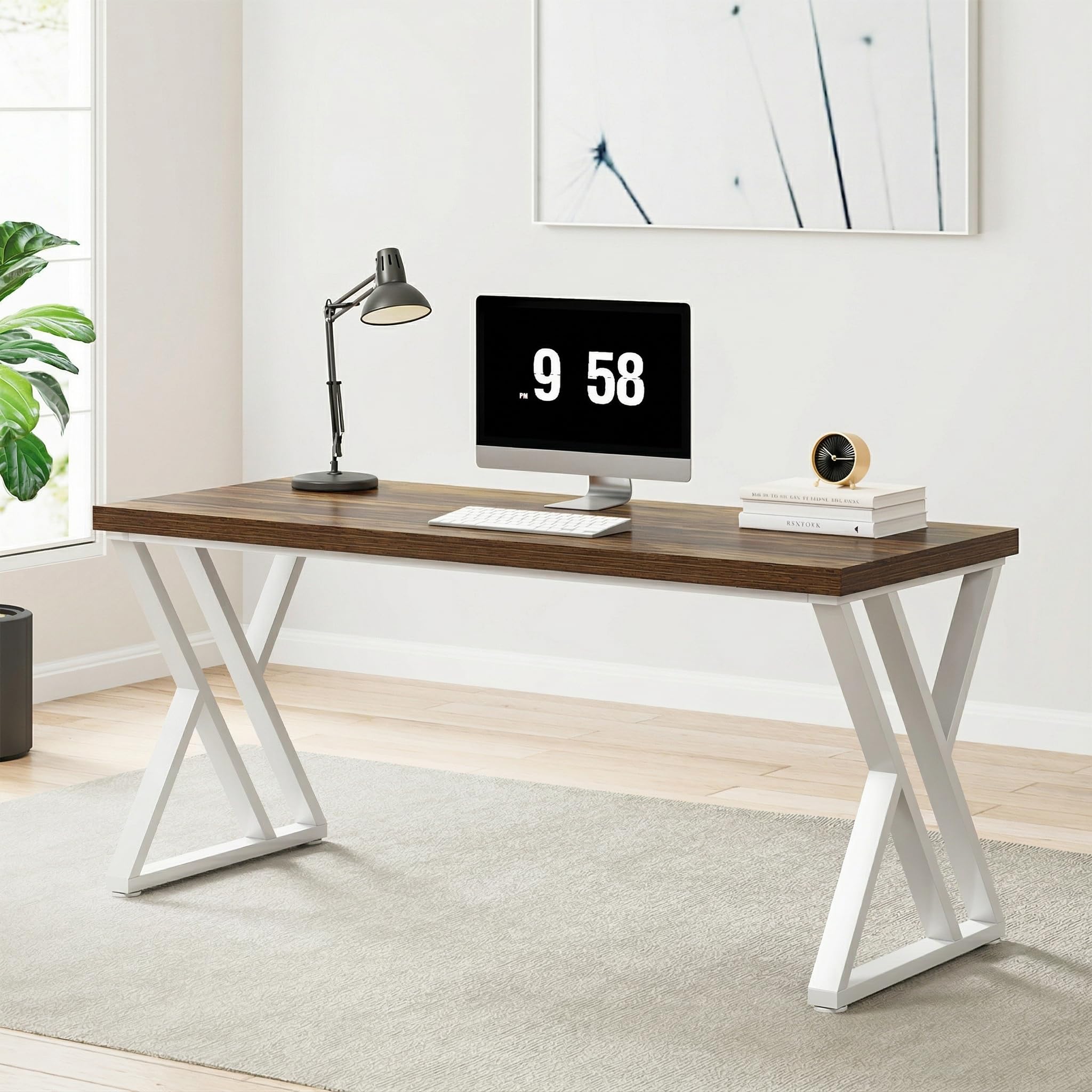 Tribesigns Modern Walnut/White 55" Heavy Duty Computer Desk, Study & Work Desk, 23.6"D x 55.1"W x 29.5"H, Z-Shaped Metal Legs, 330 lbs Capacity