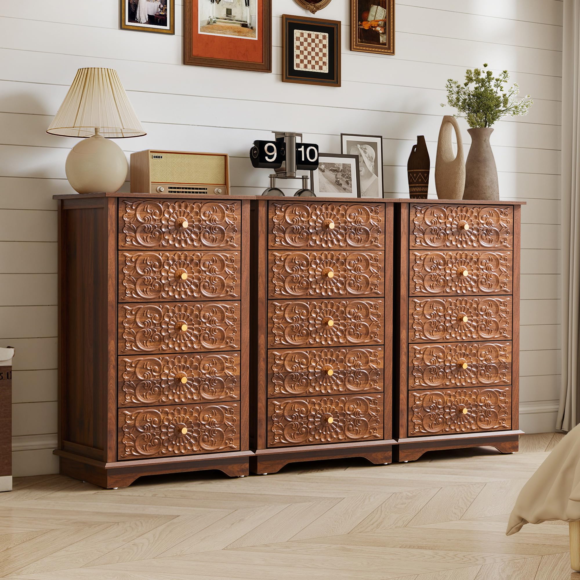 5-Drawer Narrow Dresser with Floral High-Gloss Front