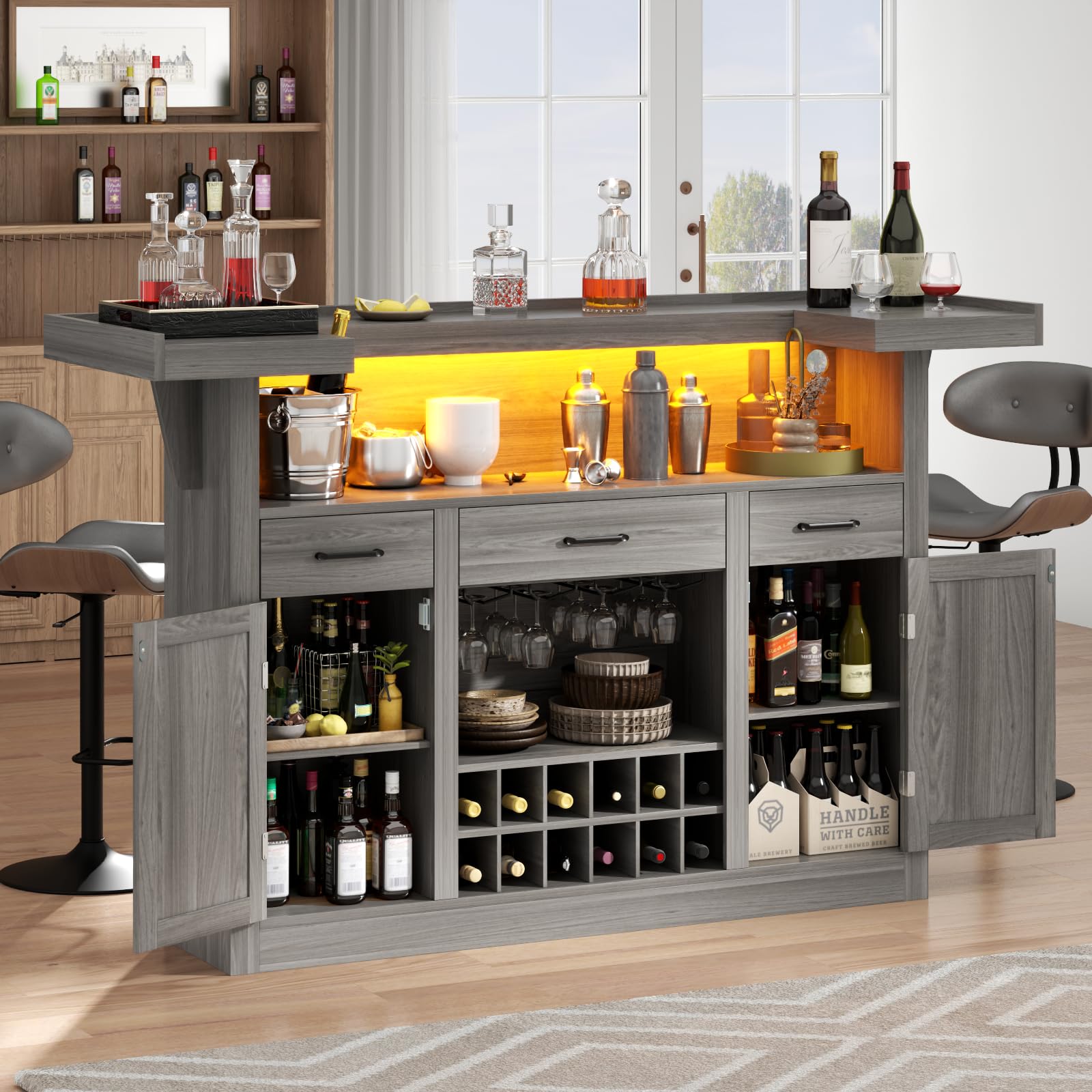 Wine Bar Cabinet with LED, 3 Drawers & Adjustable Wine Rack