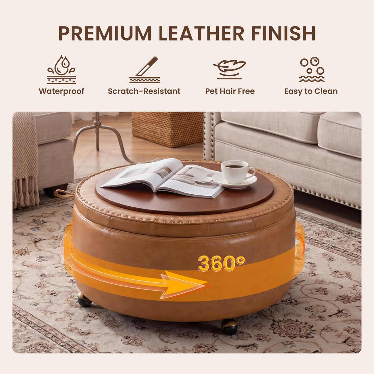 SUNBURY 29" Round Storage Ottoman, Reversible Tray, Cognac