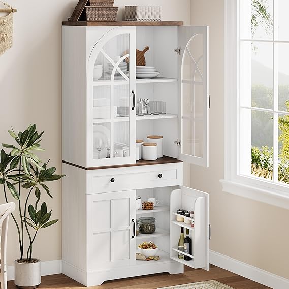 Farmhouse Pantry Cabinet with Tempered Glass Doors