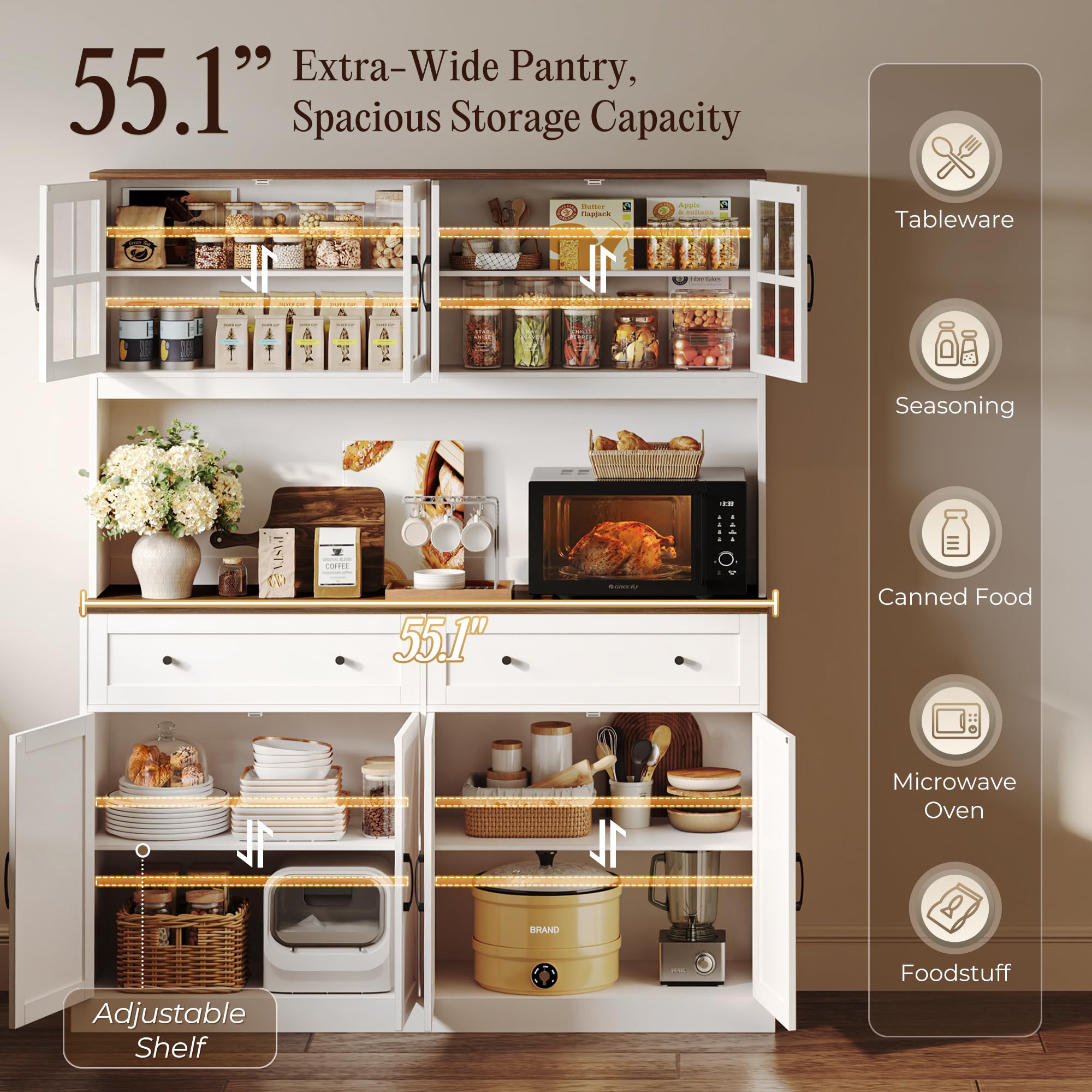 PRAISUN 71''H x 55.1''W Pantry Cabinet with Charging Station, 4 Wide Cabinets Kitchen Pantry with 2 Drawers, Farmhouse Hutch Storage Cabinet, Tall Coffee Bar, Acrylic Door, Adjustable Shelves, White