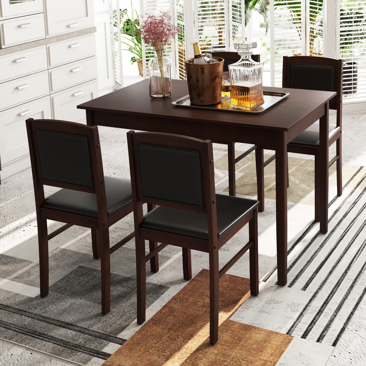 GIANTEX 5-Piece Dining Table Set for 4, Wooden Kitchen Table and Chairs with Solid Rubber Wood Legs, Padded Seat & Backrest, Space Saving Dinette Set for Home Dining Living Room, Breakfast Nook