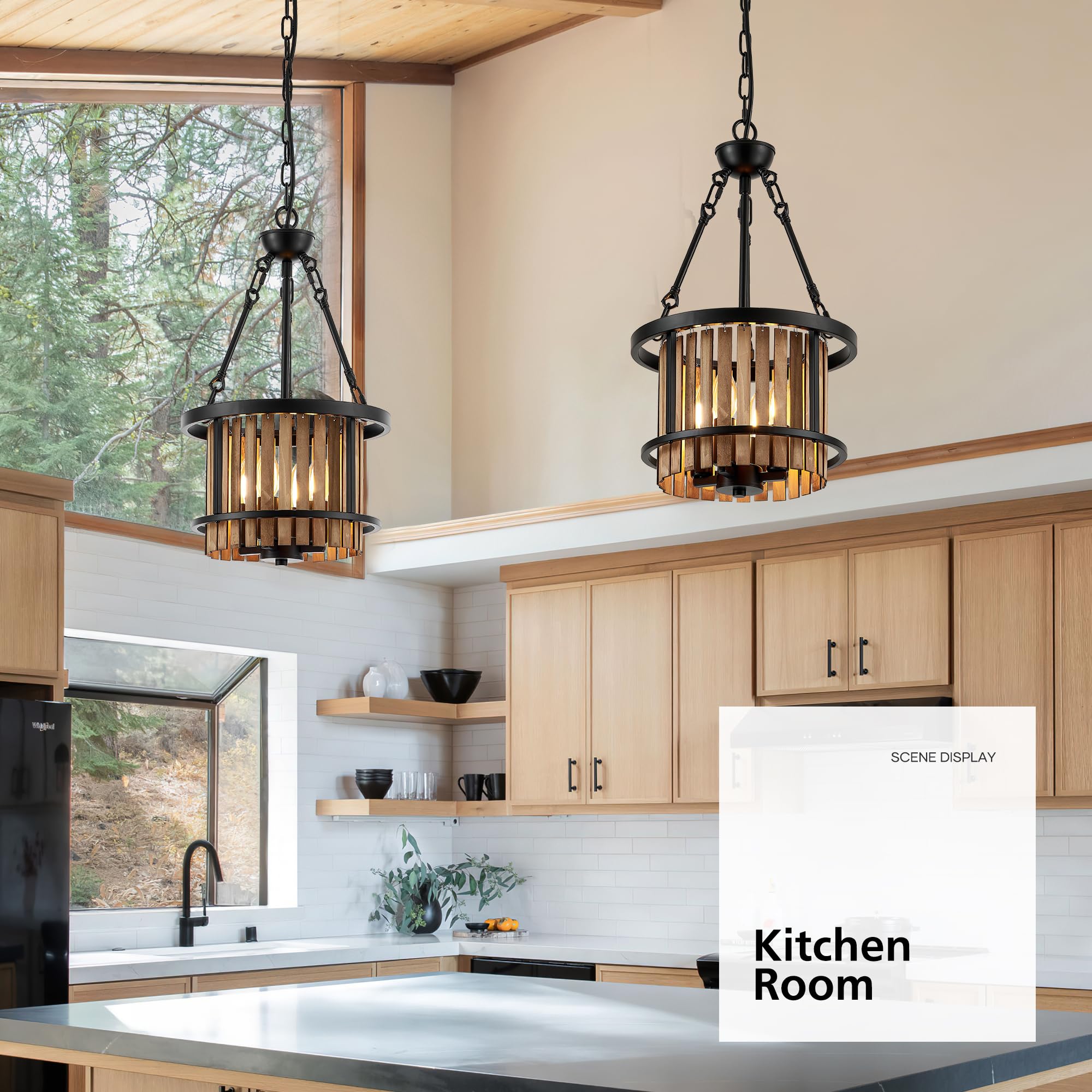 Aol furin 4-Light Drum Chandelier for Dining Room，11.8" Rustic Farmhouse Dining Room Light Fixture，Wood Grain and Vintage Black Metal Chandeliers for Kitchen Entryway Living Room