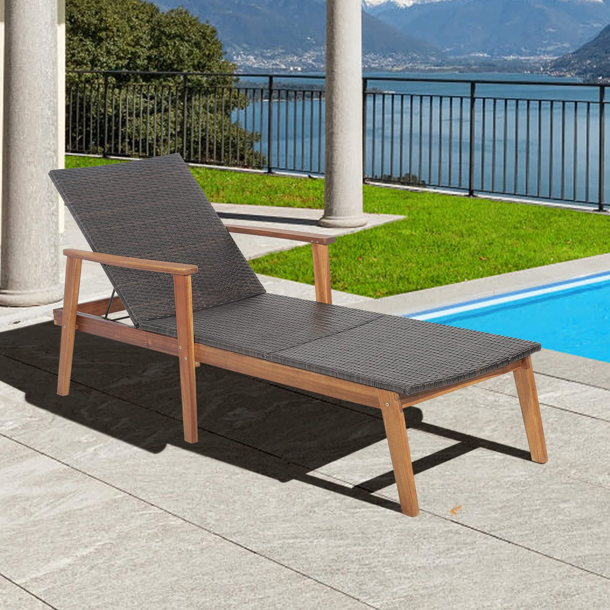 Tangkula Patio Lounge Chair, 4-Position Adjustable Recliner with Fully Flat Position, Outdoor PE Wicker Chaise Lounge with Acacia Wood Frame for Backyard, 800 LBS Max Load (Mix Brown, 2 Pack)