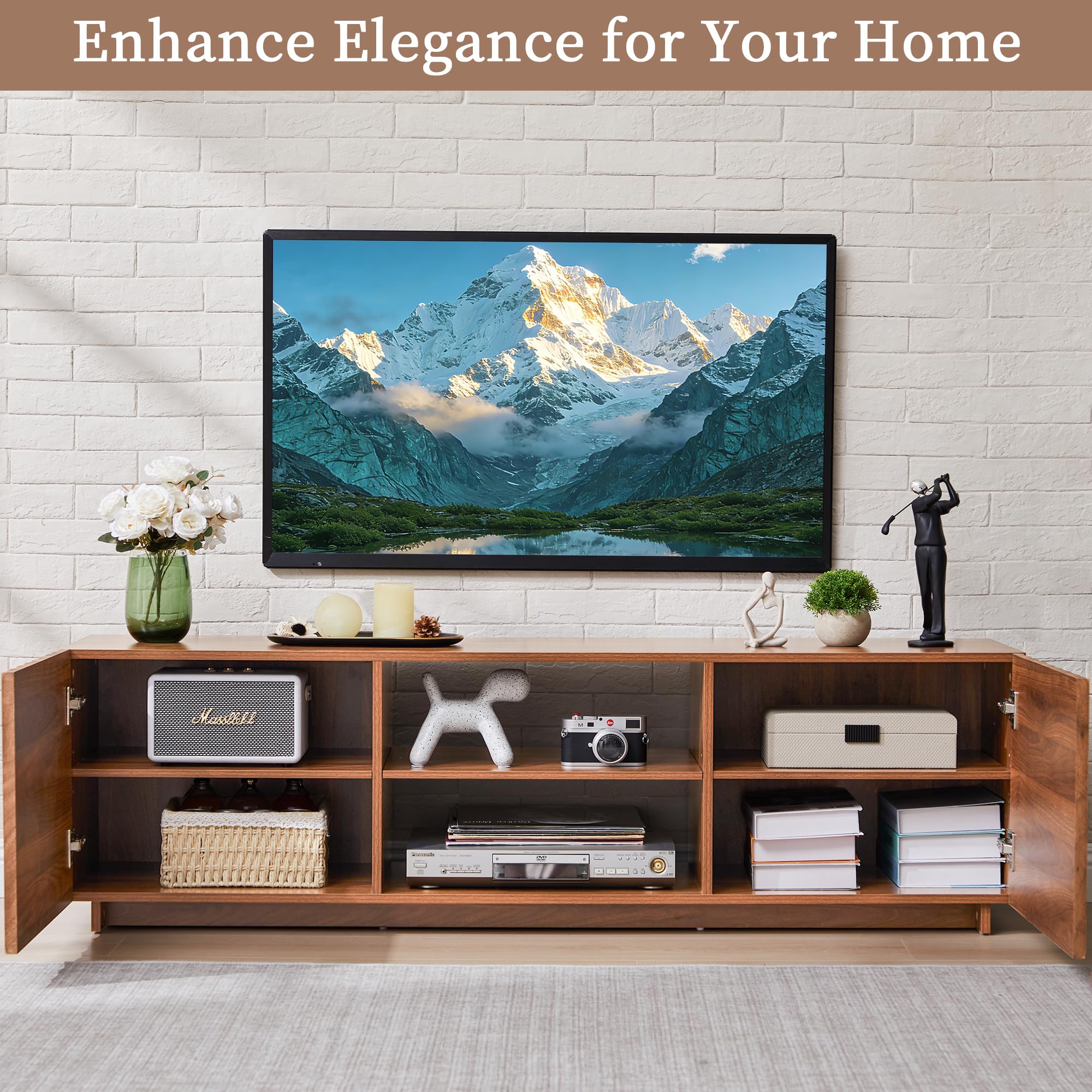 Bifins 61 inch TV Stand for Televisions up to 65 Inches, Mid Century Modern Fluted Entertainment Center TV Console Table with Storage and Adjustable Shelve for Living Room Bedroom (Walnut)