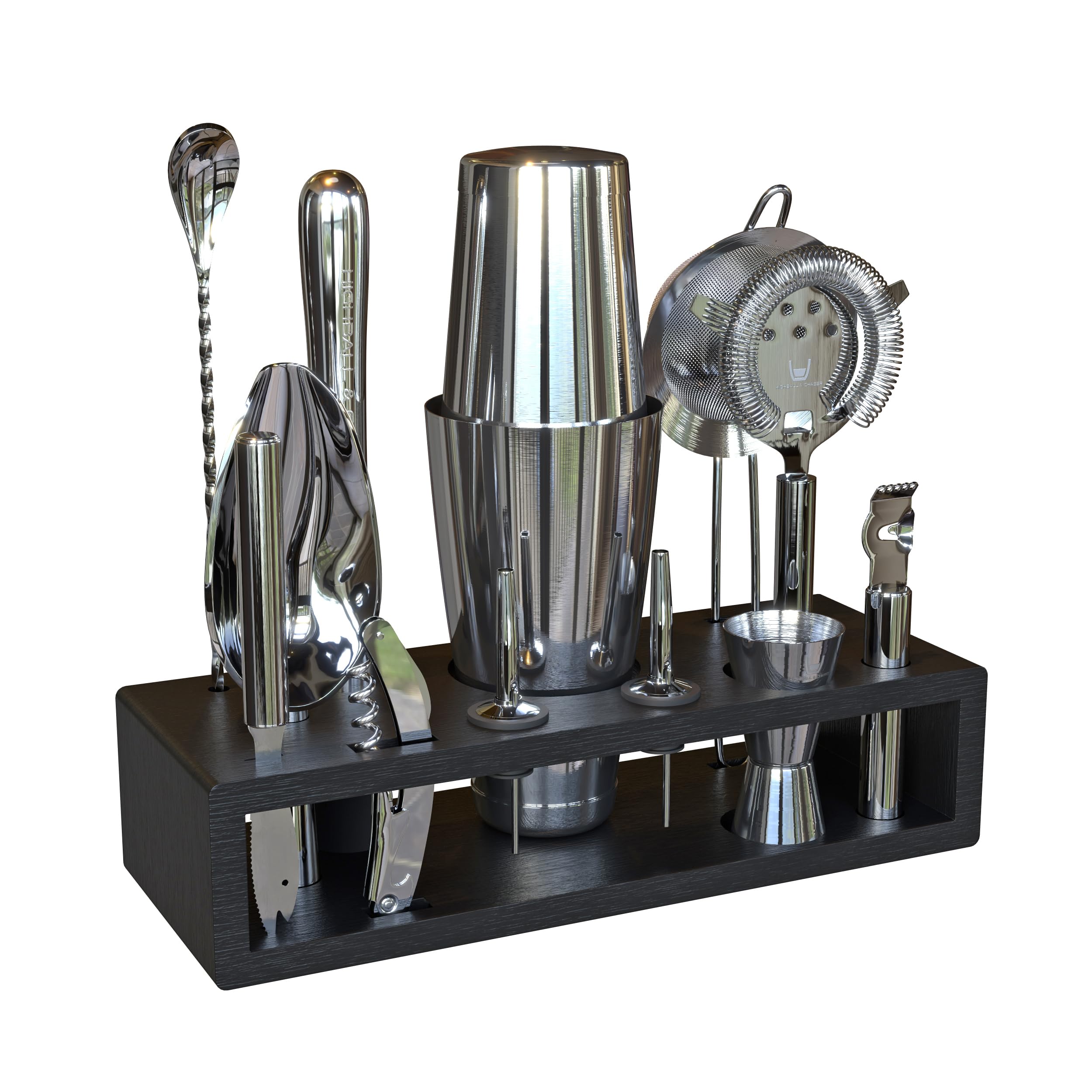 Highball & Chaser 13-Piece Boston Cocktail Shaker Set Stainless Steel Mixology Bartender Kit With Stand For Home Bar Cocktail Set | Laser Engraved Cocktail Tools | Plus E-Book with 30 Cocktail Recipes