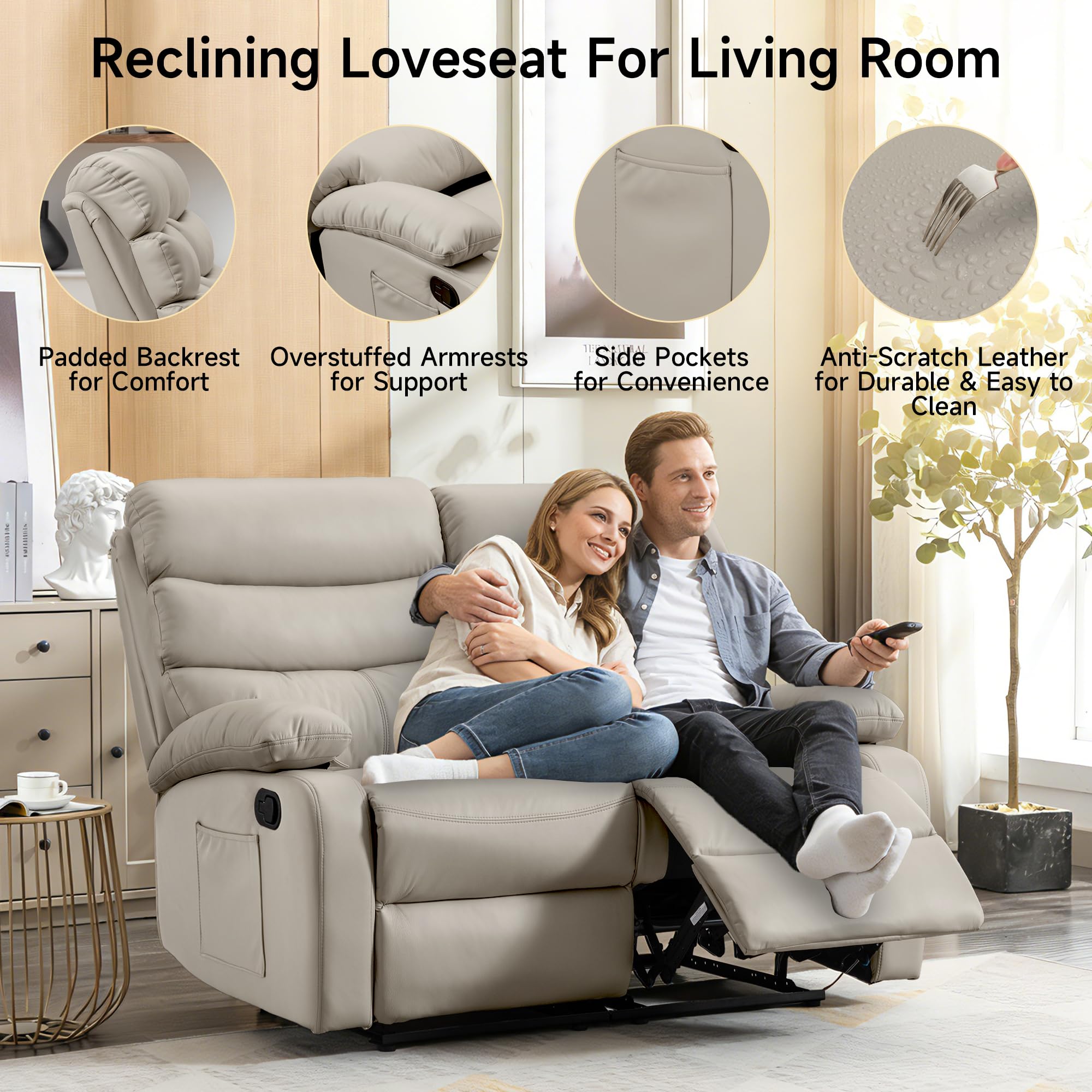 GNMLP2020 Reclining Loveseat Sofa, Anti-Scratch Leather Manual Loveseat Recliner with Side Pocket, Wall Hugger Loveseat Recliner for Living Room, RV, Home Theater(Beige)