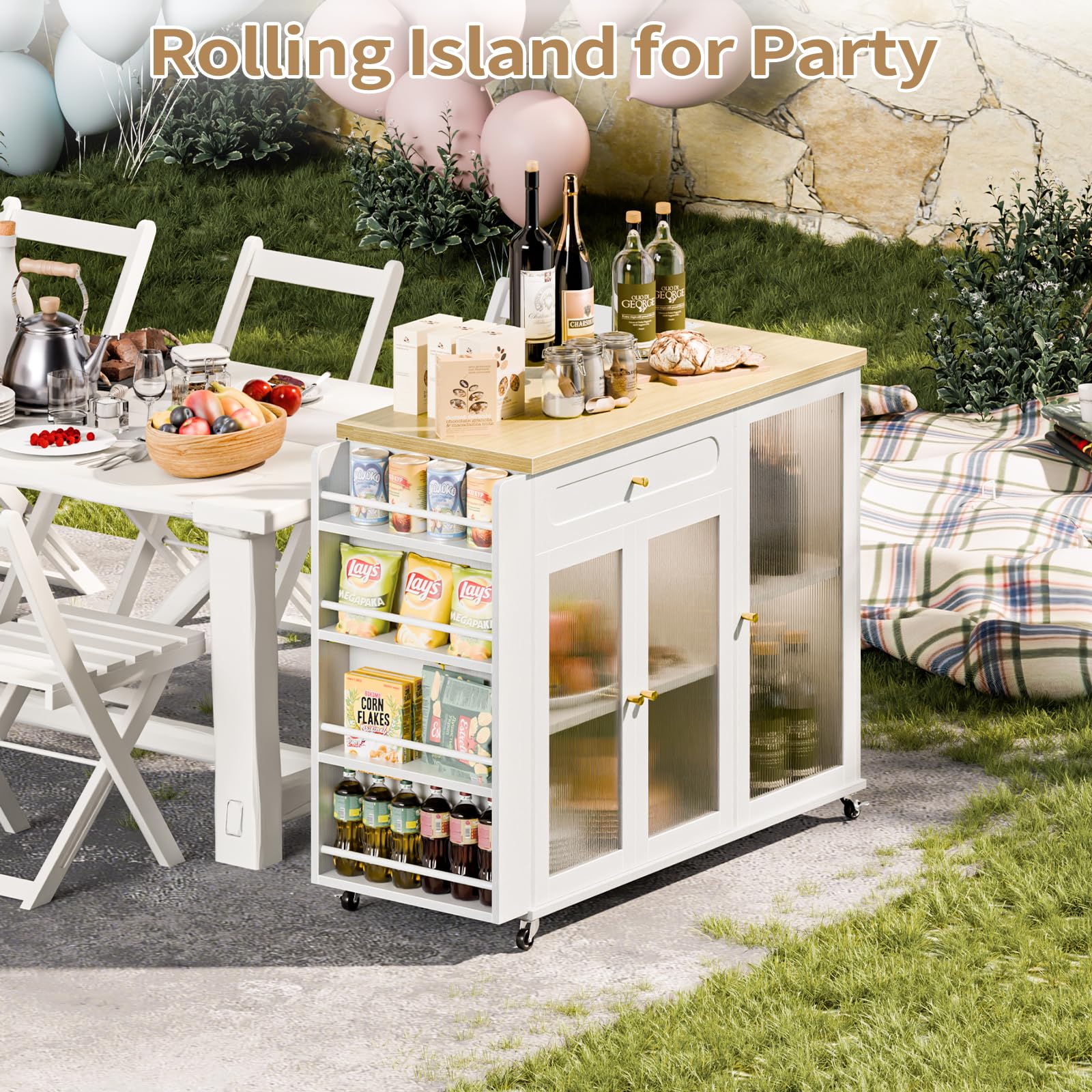 Curlaky Kitchen Island with Power Outlet - Kitchen Cart on Wheels with Storage Cabinets & Drawers, Rolling Island Table with Spice & Towel Rack, Portable Islands with Large Wood Counter, Dinning Room
