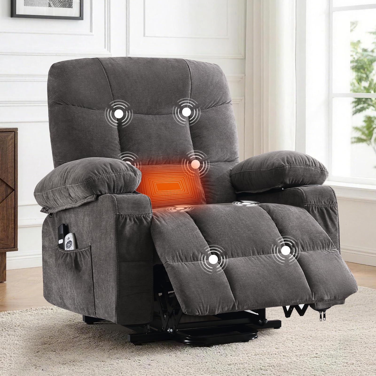 PoteSoar Power Lift Recliner Chair for Elderly with Massage and Heat, Comfortable Electric Power Reclining Chair with Side Pockets,2 Cup Holders and USB Charging Port for Living Room (Grey)