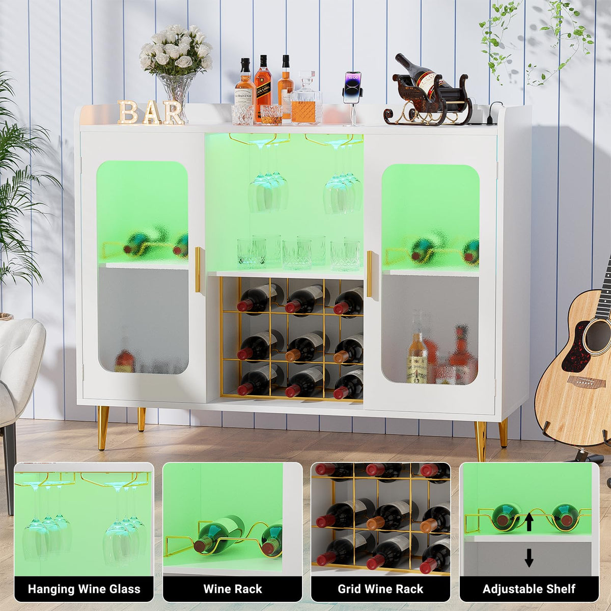 White Coffee Bar Cabinet with LED Lights