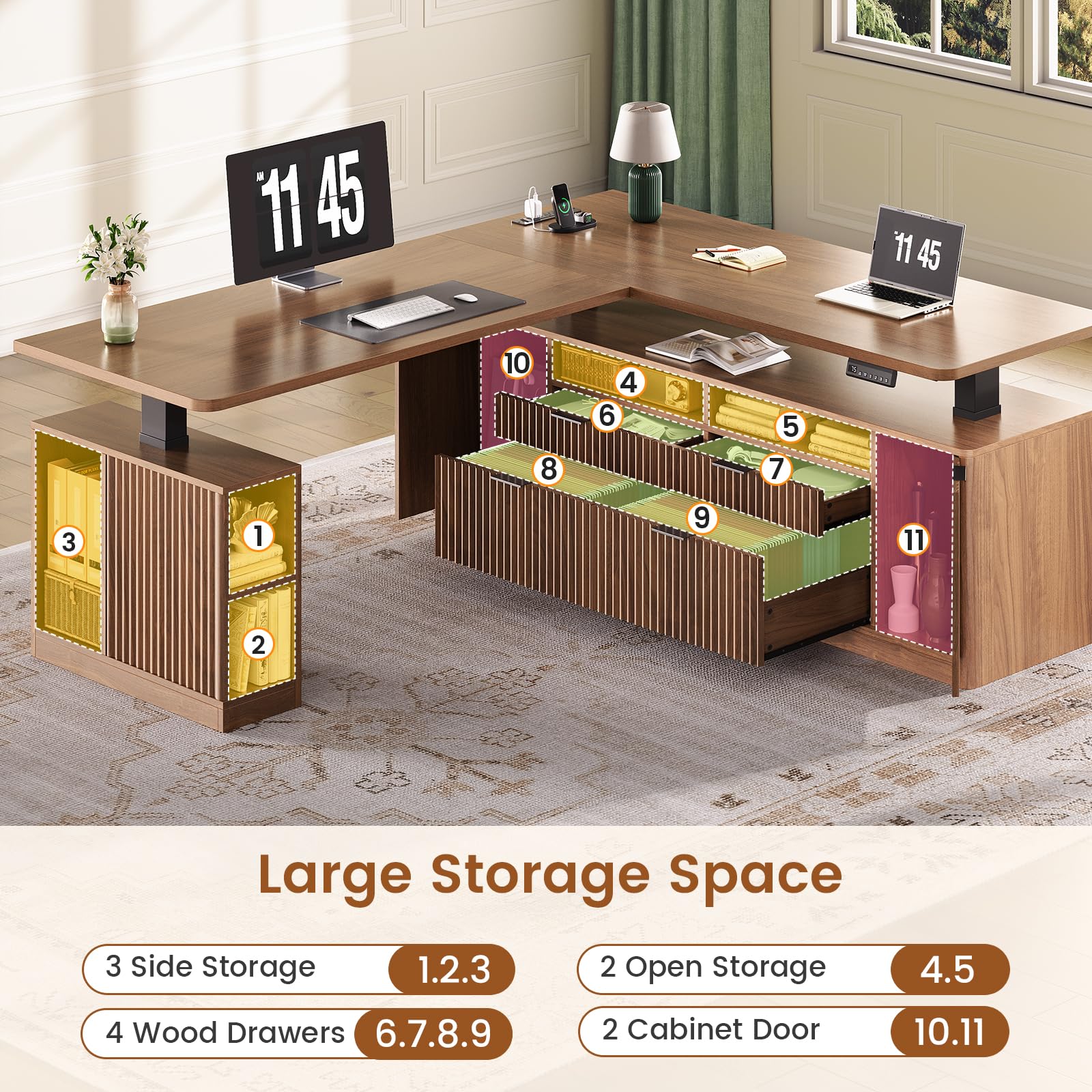 SEDETA L Shaped Electric Standing Desk, 69" x 55"Height Adjustable Office Executive Desk with 4 Drawers and Storage Shelves, Fluted Sit Stand Computer Desk with Power Outlet for Home Office