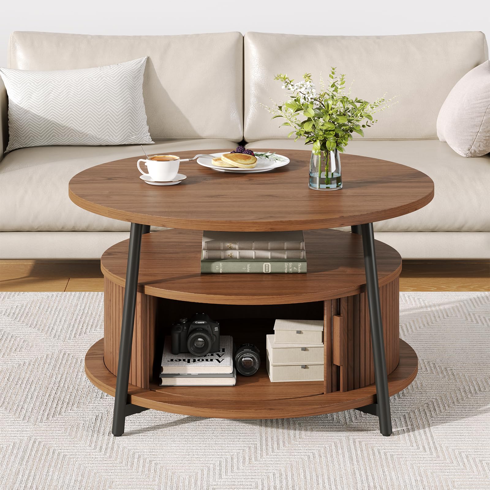 31.5 Inch Round Coffee Table with Storage, Fluted Coffee Tables with 2 Tiers, Mid-Century Modern Center Table with 2 Sliding Doors and Adjustable Footpad for Living Room, Walnut