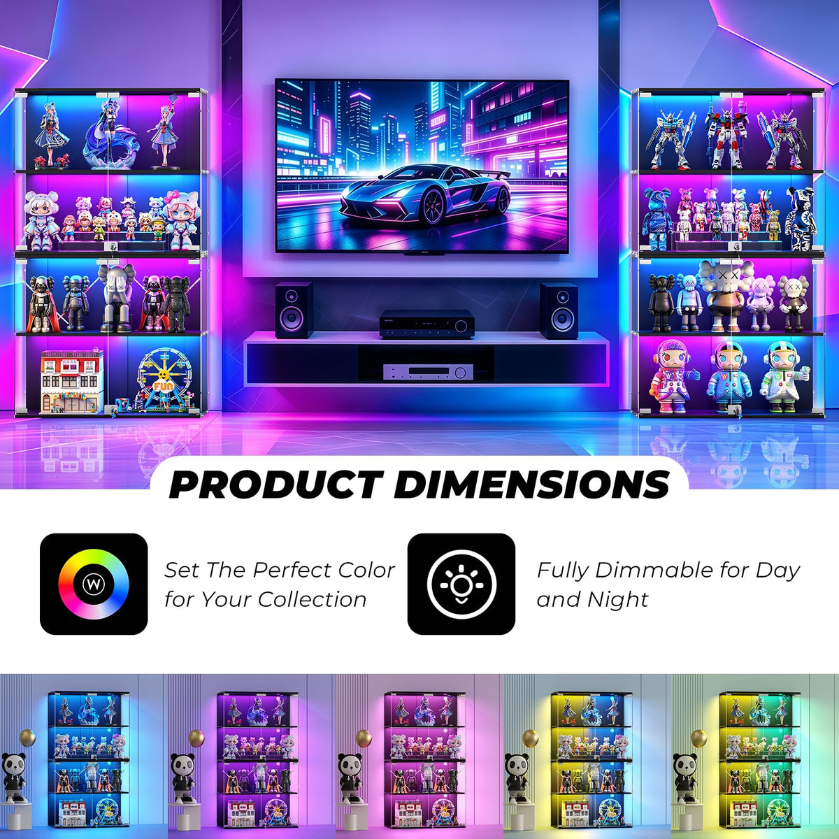VersionTECH. Glass Display Cabinet with RGB Light, 4-Tier Curio Cabinets